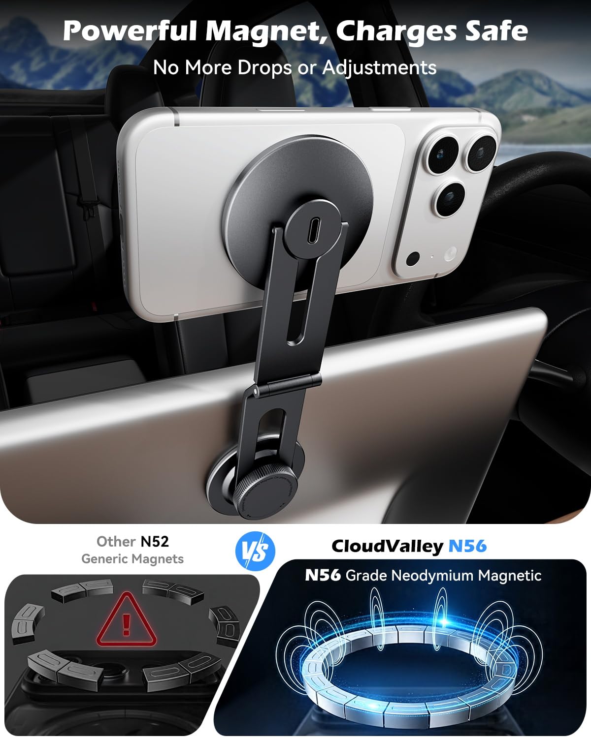 CloudValley Supporto per telefono 15W con ricarica integrata per Tesla Model 3/Y/Juniper/Cybertruck, supporto magnetico metallico auto ruotabile a 360°, design pieghevole ed estensibile a scomparsa