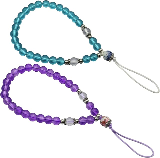 zdyCGTime 2Pcs Mobile phone beads lanyard,Short Anti-lost crystal Wrist beaded lanyard,Suitable for mobile phones, cameras, wallets, MP3, U disk, keychains.(13cm purple and blue)