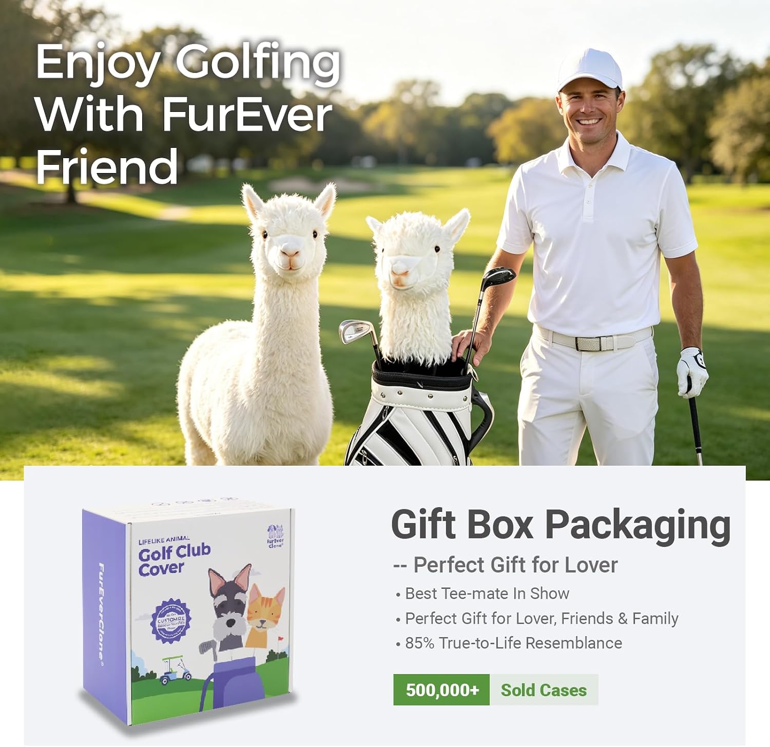 White Alpaca Golf Head Cover, Funny Animal Golf Club Head Covers for Driver, Cute Golf Headcover, Plush Golf Club Covers for Woods & Drivers