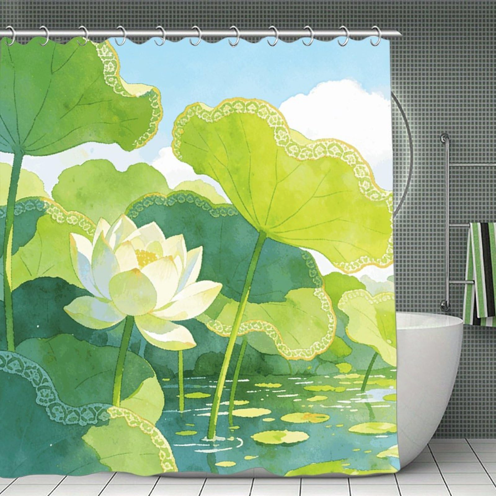VstaDank Green Lotus Pond Shower Curtain Light-Weight Blackout Bathroom Curtain Washable Shower Liner 71x71 Inch Bath Curtain with Metal Holes Bathtub Bath Room
