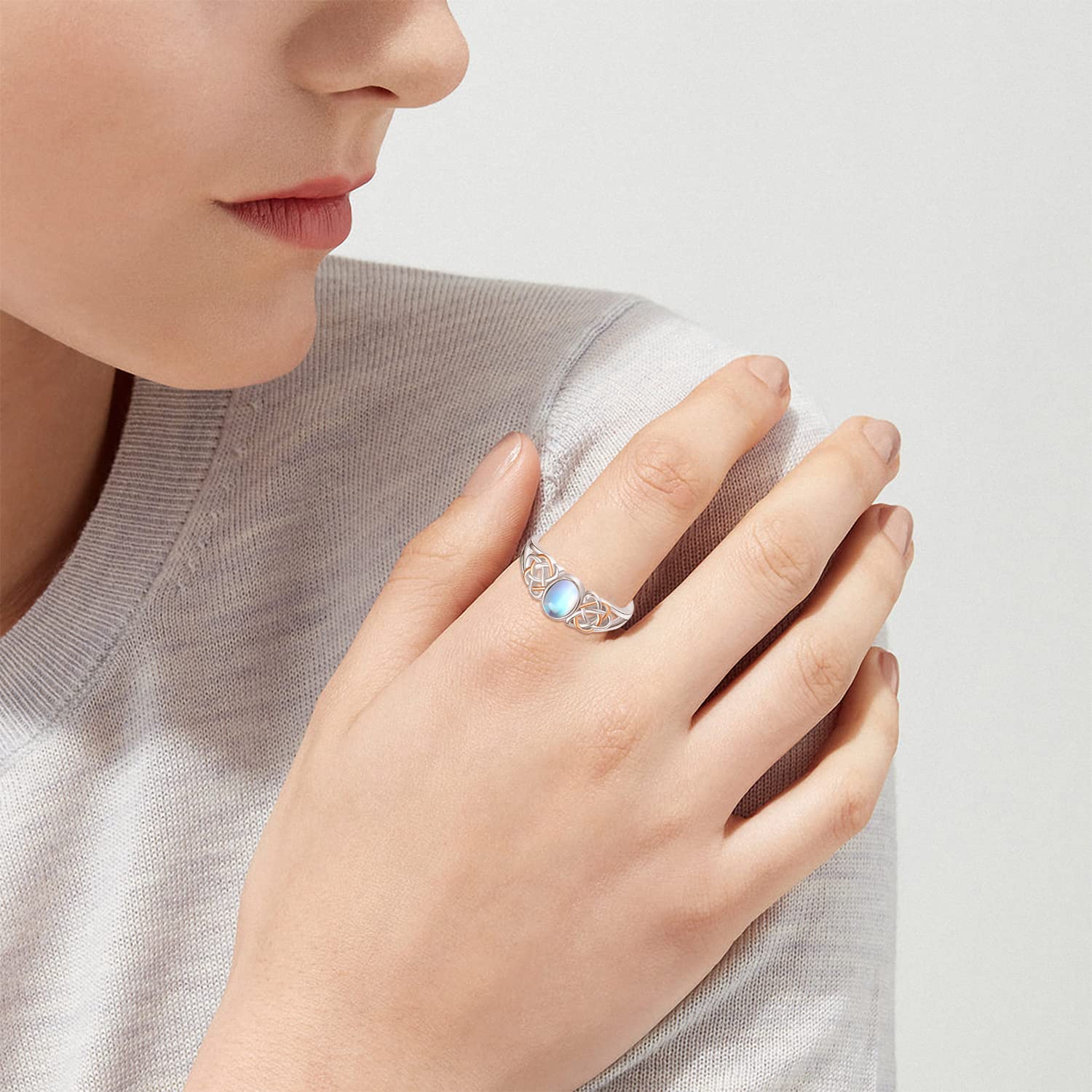 Keltischer Knoten Ring 925 Sterling Silber Ringe für Frauen Mondstein Ring Keltischer Knoten Offener Verstellbarer Ring Versprechen Schmuck(Keltischer Mondsteinring)