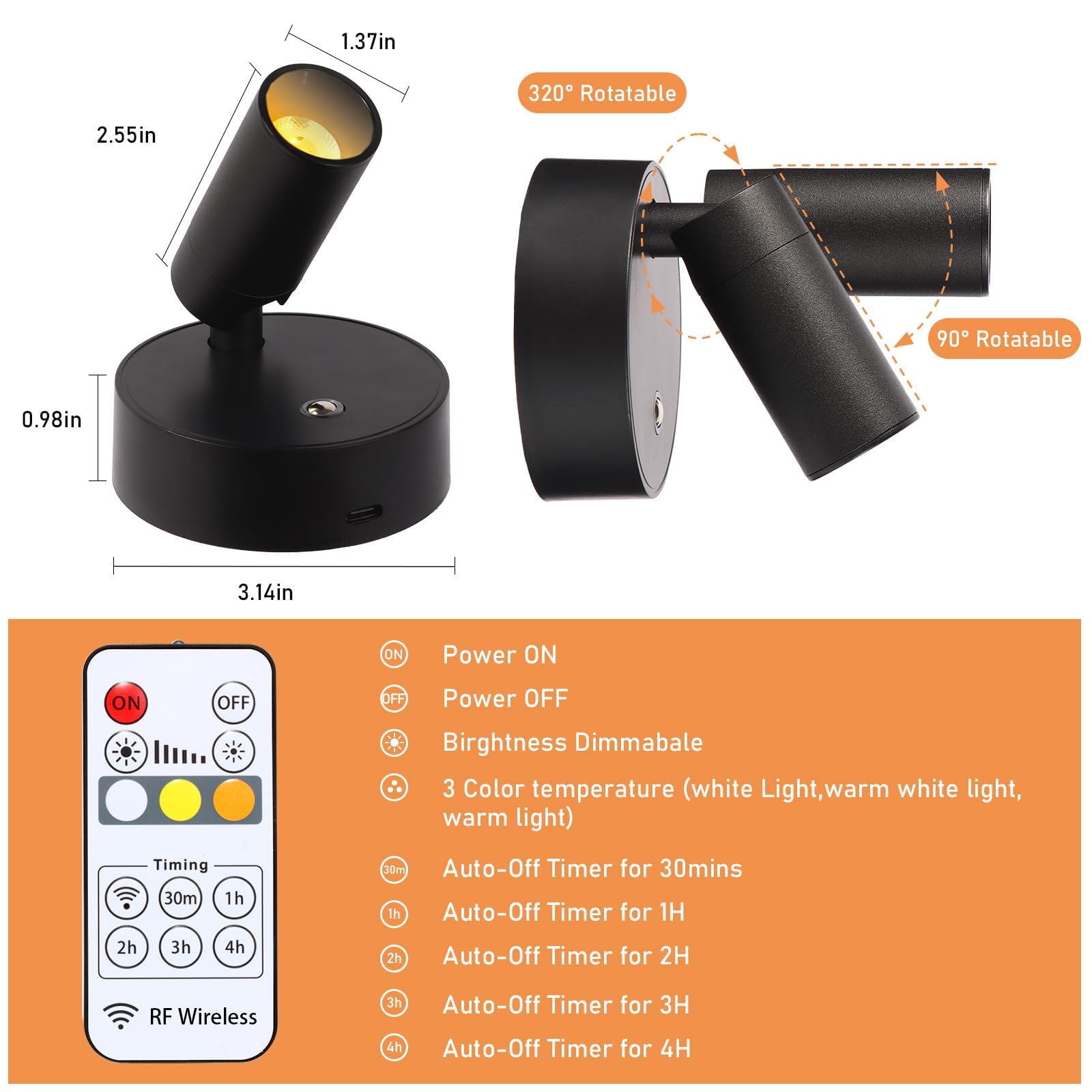 Akumulator do reflektorów LED USB z pilotem, 3 temperatury barwowe, ściemnialne światła punktowe LED Puck, bezprzewodowe lampy LED z funkcją pomiaru czasu dla sztuki, rośliny, portrety, 1 opakowanie