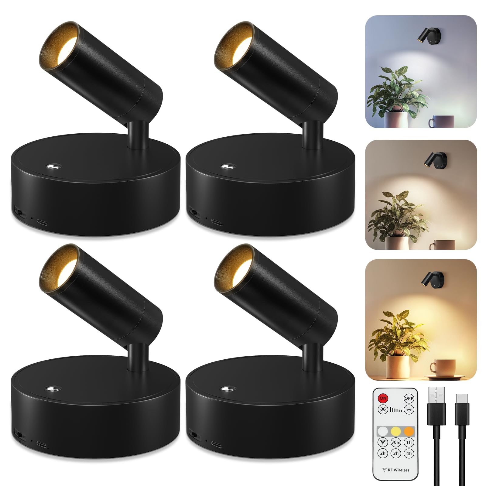 Rechargeable Spot Lights Indoor 4-Pack Black Wireless Spotlight Uplighting | Timer, Dimmable,3 Color Temps, 13-40hr Battery, Accent Lighting for Plants, Pictures &amp; Home Decor