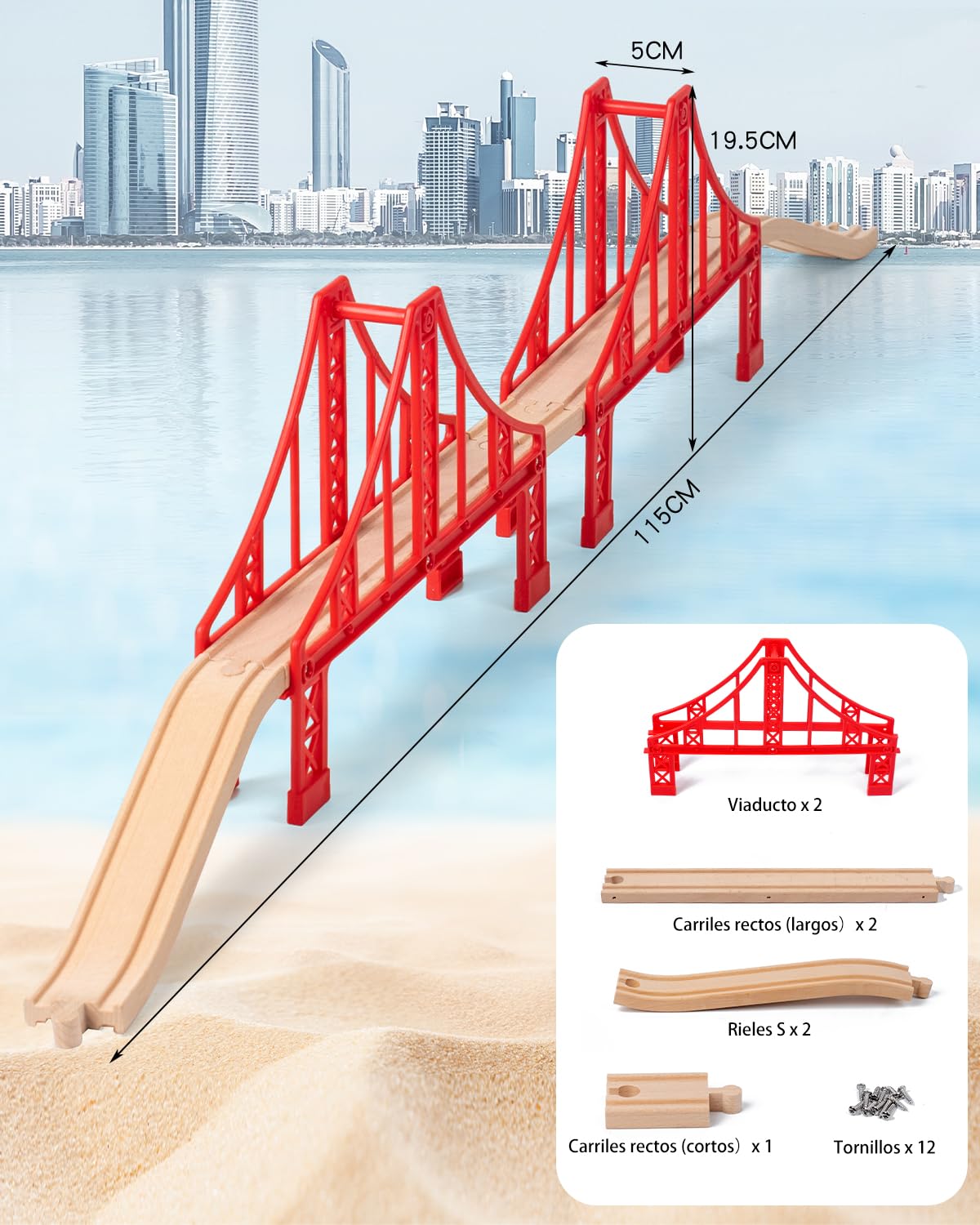 Tren Madera Tren Juguete Accesorios Accesorios para Vías de Ferrocarril Tren de Doble Puente Colgante Trenes de Juguetes para Niños 3-5 Años