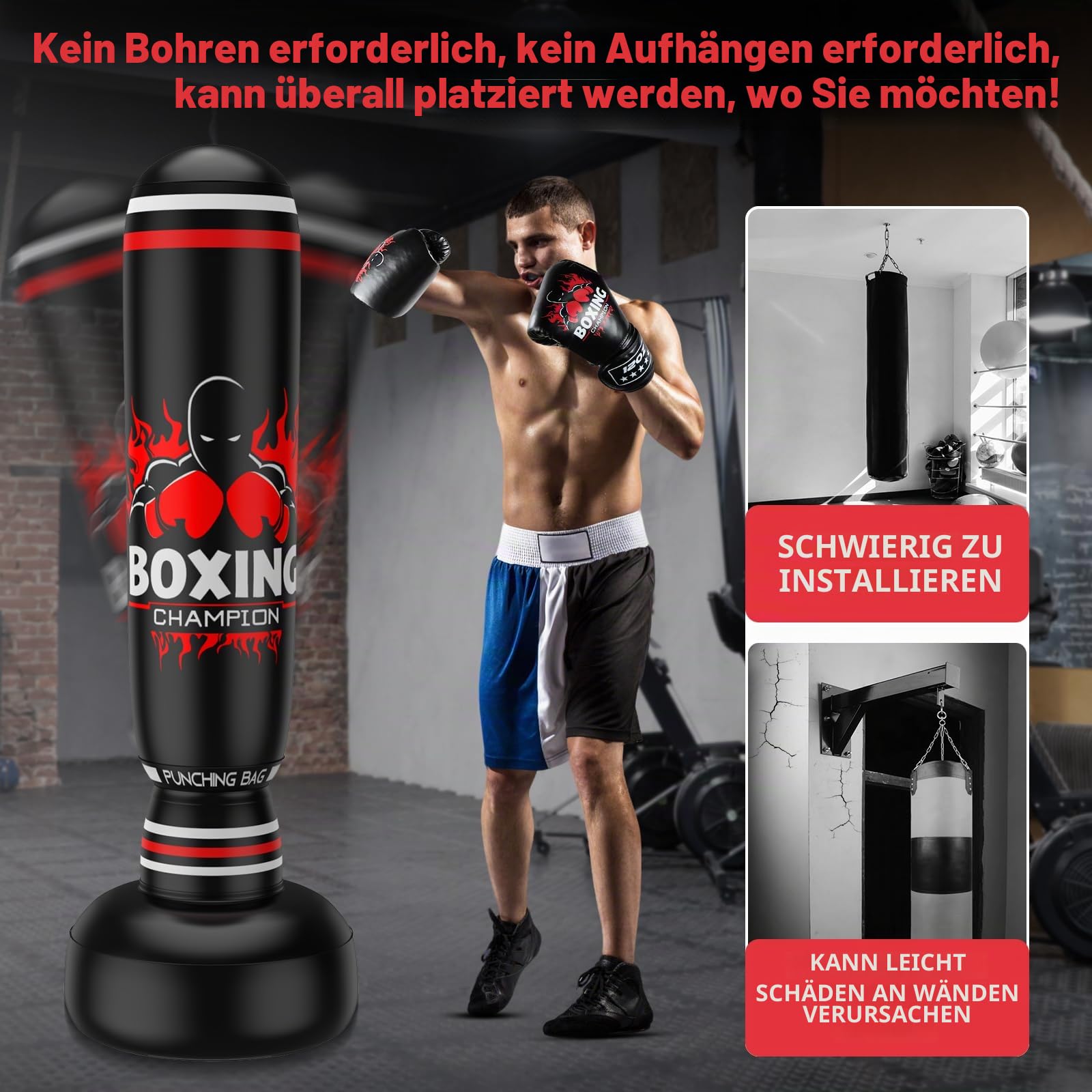 IMAYCC Boxsack Stehend Erwachsene&Kinder, Mit PU Boxhandschuhe, Upgrade Verdickt 180CM Hochwertiges PVC Boxing Bag für Teenager, Punching Bag für Muay Thai, Taekwondo,MMA,Box Training,Sandbag Fitness.