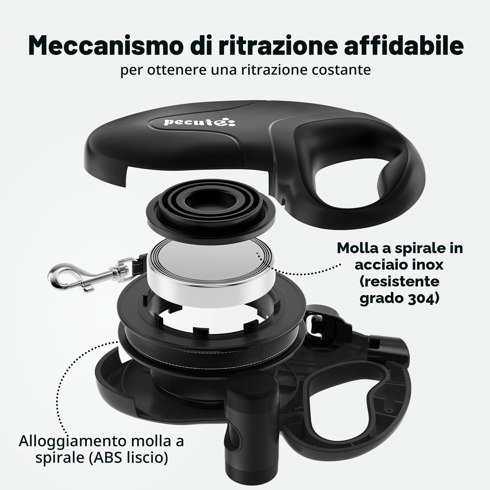 Pecute Guinzaglio Retrattile per Cani 10M (Fino a 50 Kg), Guinzaglio per Cane con Guinzaglio Esteso Senza Grovigli a 360°, Impugnatura Antiscivolo e Pulsante di Freno Rapido
