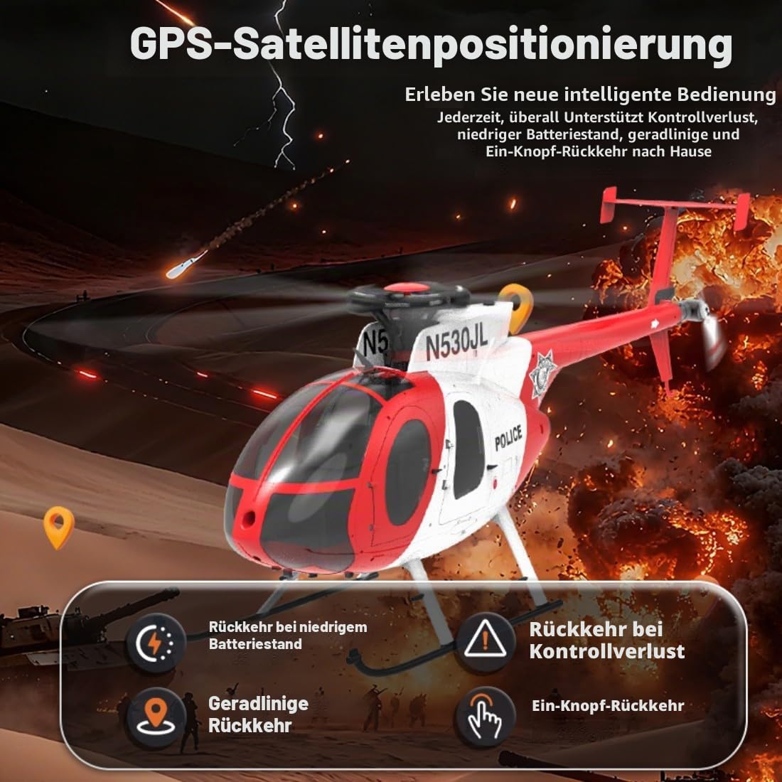YU Xiang F119S MD500 RC Hubschrauber, 1/16 Intelligenter Helikopter mit GPS-Positionierung & Optical Flow, 6G/3D Kunstflug 9CH RTF Militär Heli Modell für Fortgeschrittene
