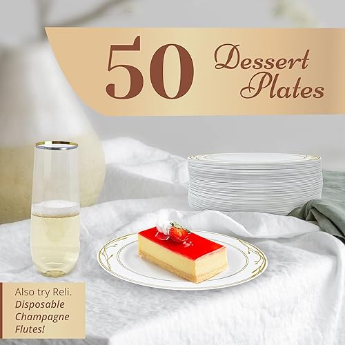 Miniatura 2 de Reli. Platos de plástico desechables, borde blanco y dorado (50 unidades, plato de postre de 7.5 pulgadas), plástico duro, para postres, ensaladas,