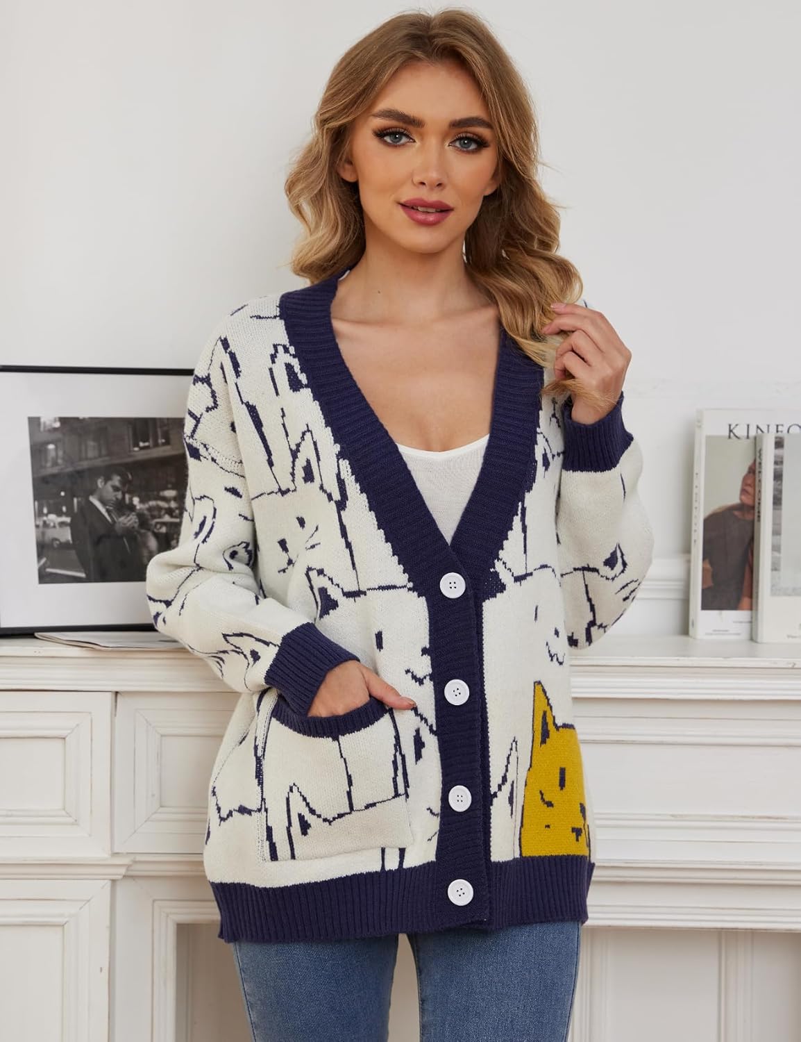 Arssm Cat Sweater for Women Oversized Button Down V Neck Knit Cardigan Cute Kawaii Cartoon Print Sweater Fall Clothes - Image 3