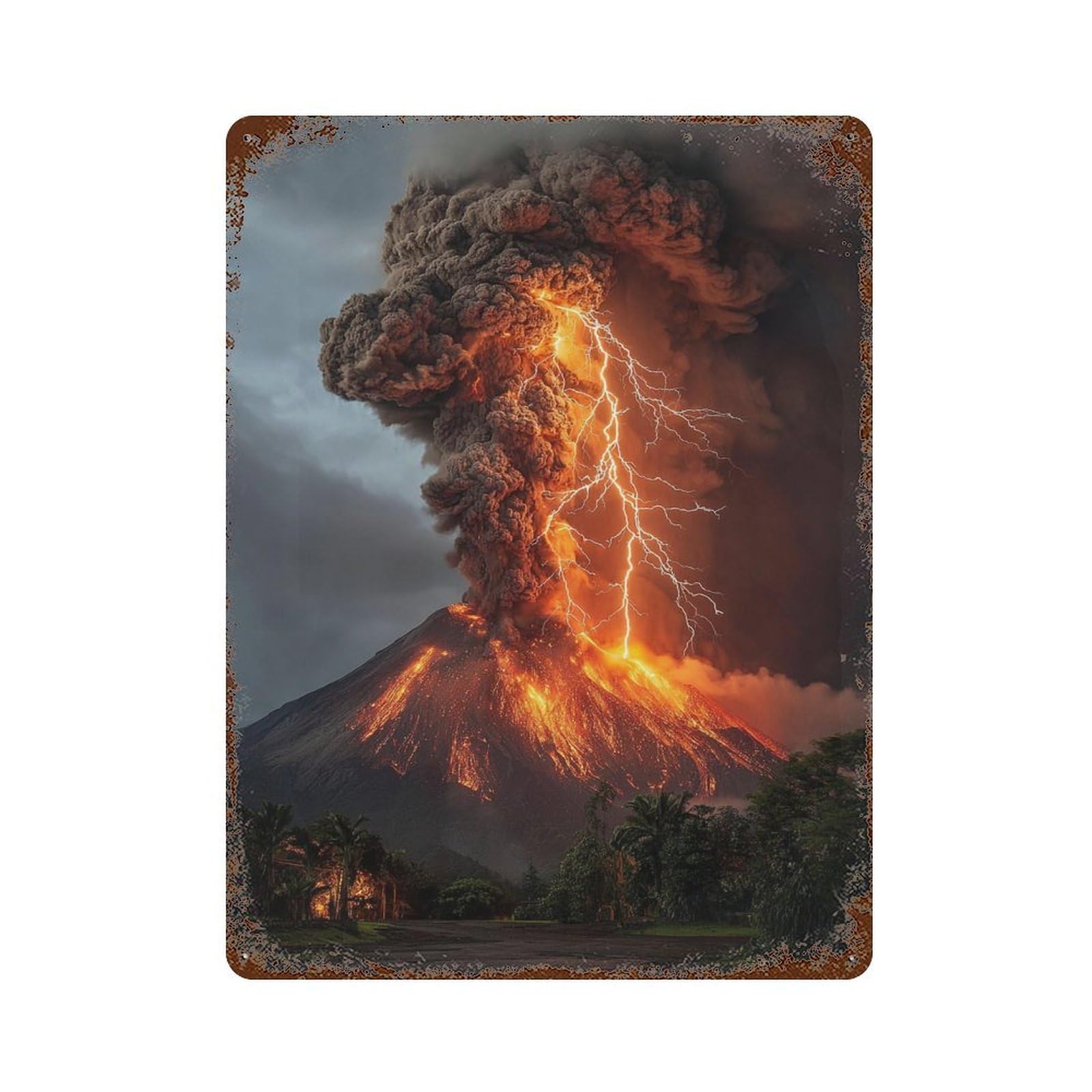 Volcano Eruption with Lightning Strikes-4 15.7"x11.8" Distressed Metal Wall Sign, Retro Wall Decor for Garage, Bar And Workshop Decor