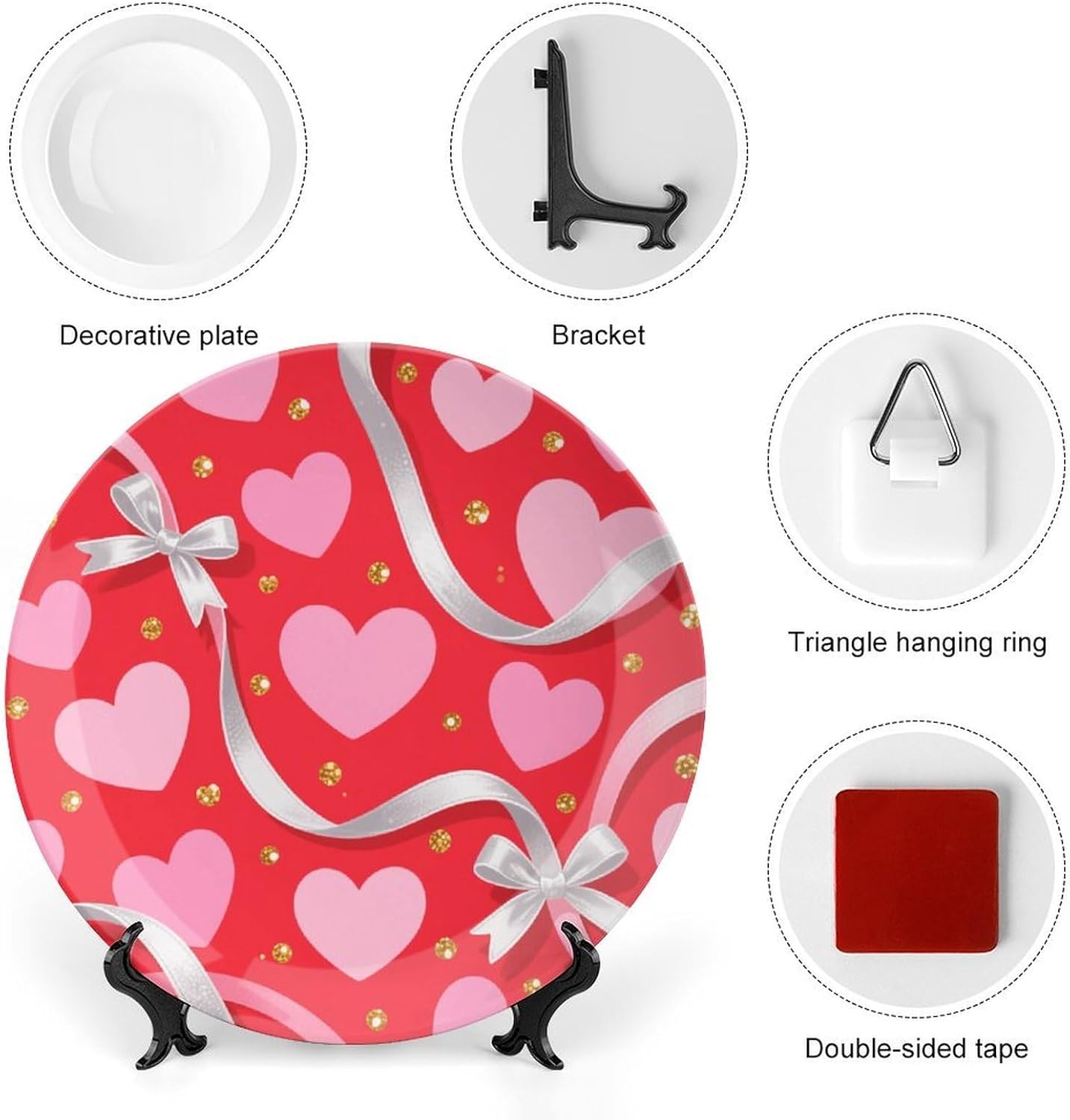 Heart Love Ribbon Decorative Plates Bone China Plates with Stand for Display 10inch Round Ceramic Dinner Plates Dessert Plate for Kitchen Party Coffee Table Decor Art