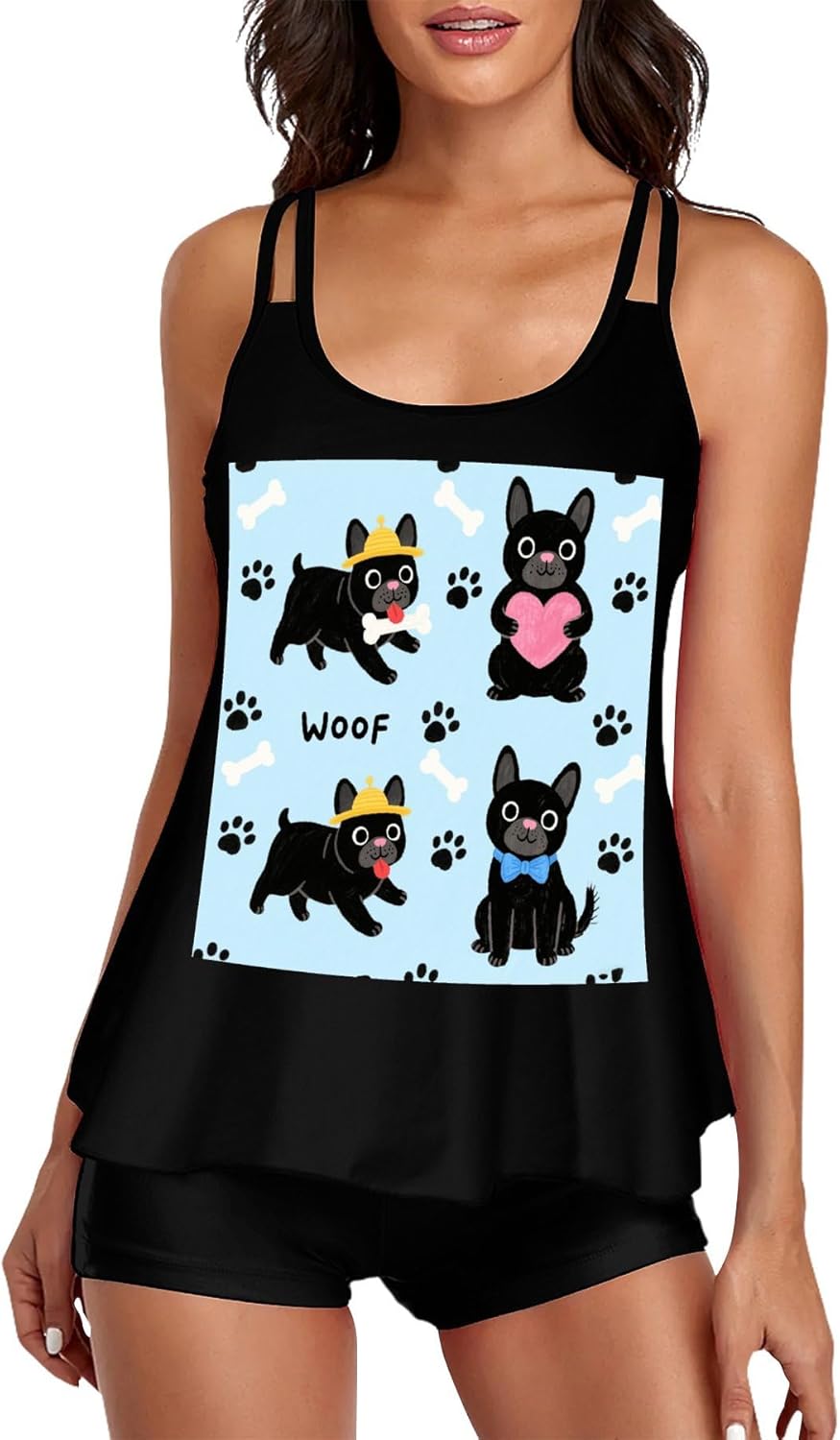 Cute Kawaii Bulldog Tankini Swimsuits for Women Tummy Control Two Piece Bathing Suits Swim Tops with Boy Shorts