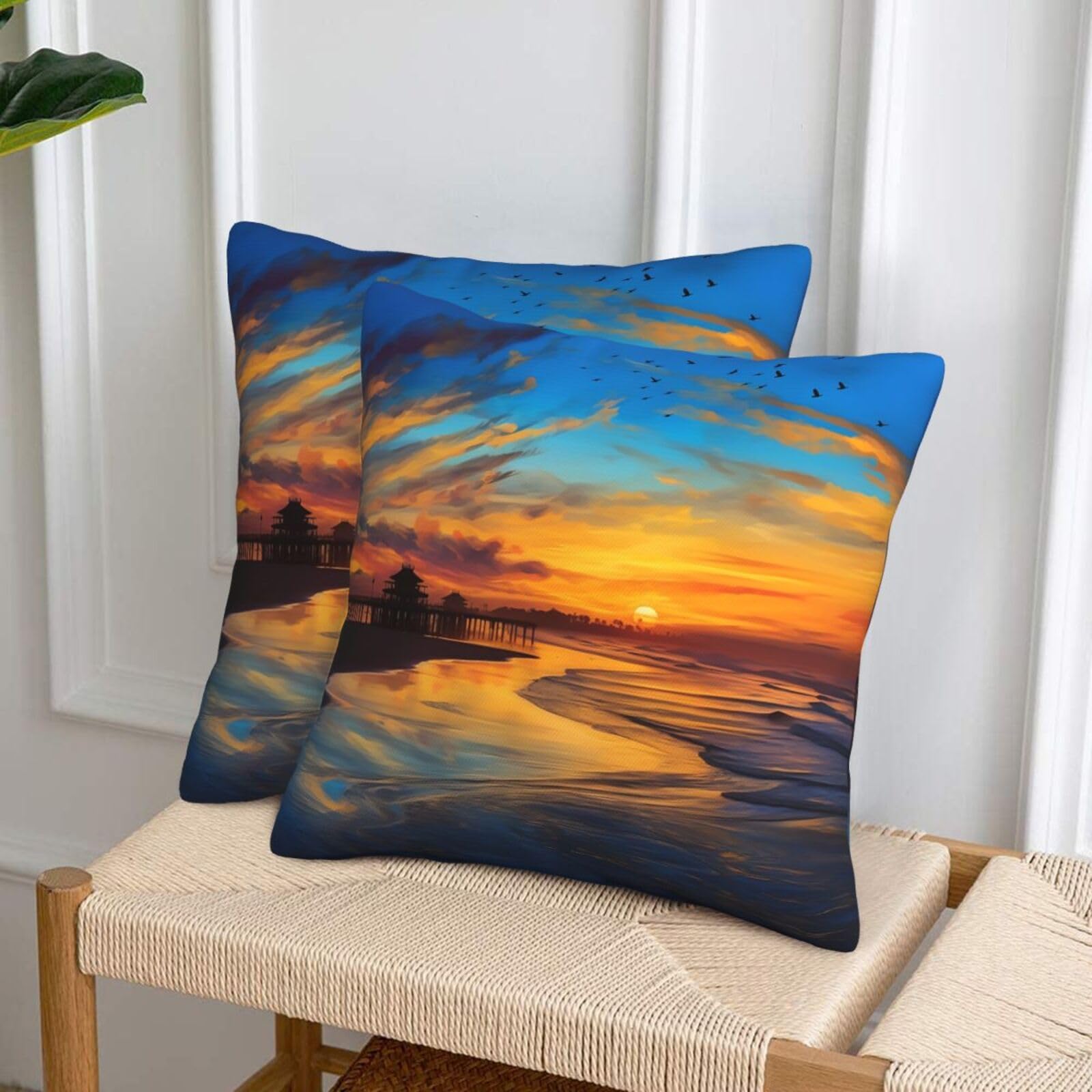 NONHAI Decorative Throw Pillow Covers Set of 2, 18"x18" Square Cushion Case Soft Comfy Blue Dusk Gold Sunset Throw Pillows for Couch Cushion Livingroom Farmhouse Home Decor Pillowcases