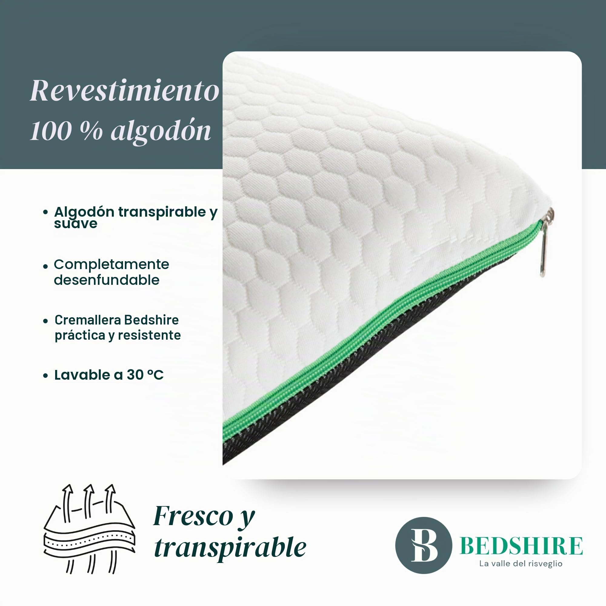 Bedshire Pillow - Almohada cervical para dormir, ortopédica, refrescante, almohada con espuma viscoelástica HD, funda de algodón con gel termorregulador desenfundable de 13 cm de altura, fabricada en