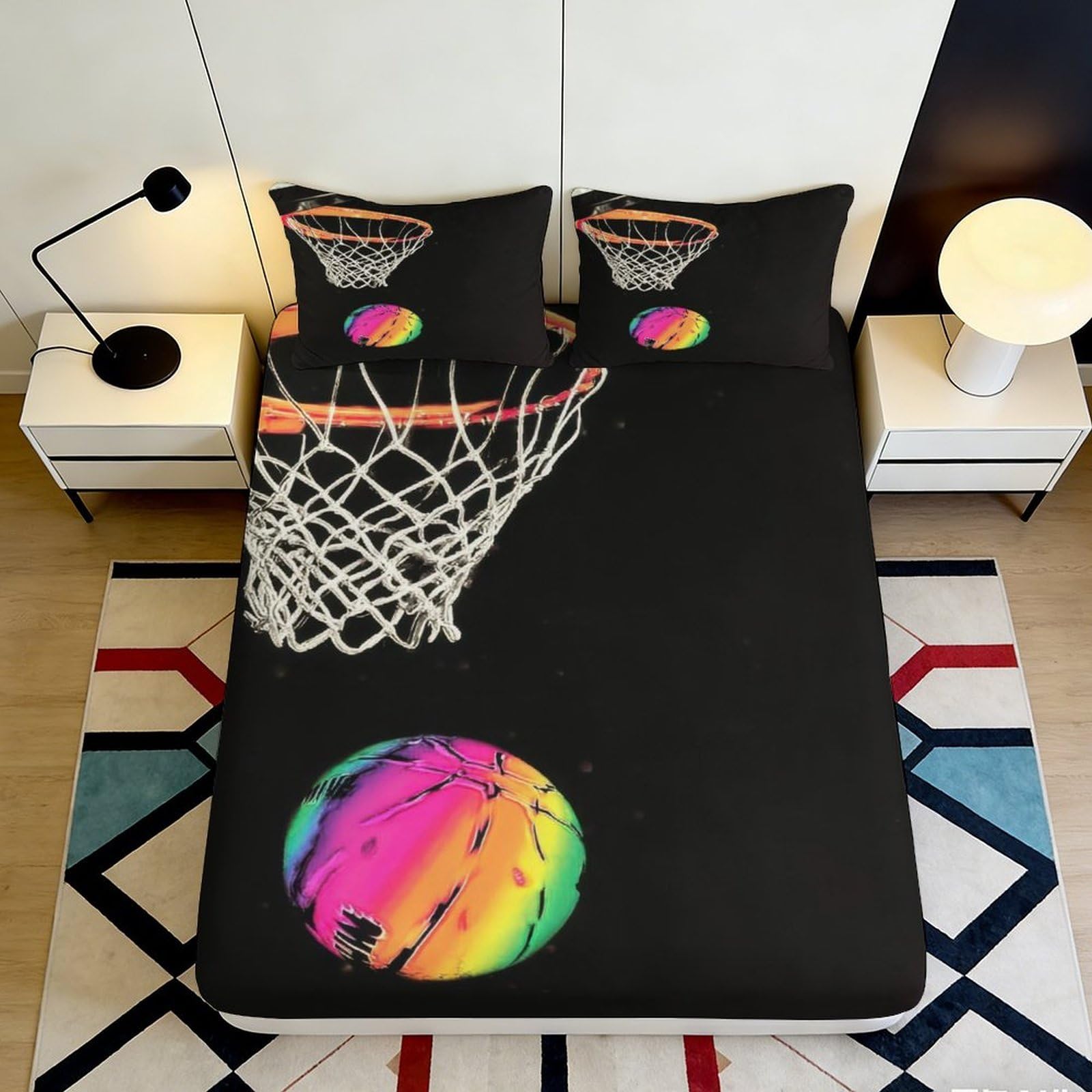 3D Printed Neon Basketball Fitted Sheet Microfiber Soft Breathable Rainbow Basketball Bed Cover for Bedroom Dormitory Guest Room Mattress Protection 180x200x25cm