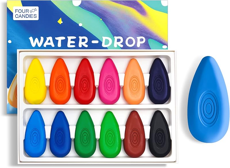 Crayons for Toddlers 1-3, 12 Colors, Non-Toxic, Unbreakable | Easy-Grip, Water-Drop Shape for Little Hands, Washable Formula, Smooth Coloring, Fine Motor Skills, Home & Preschool Use