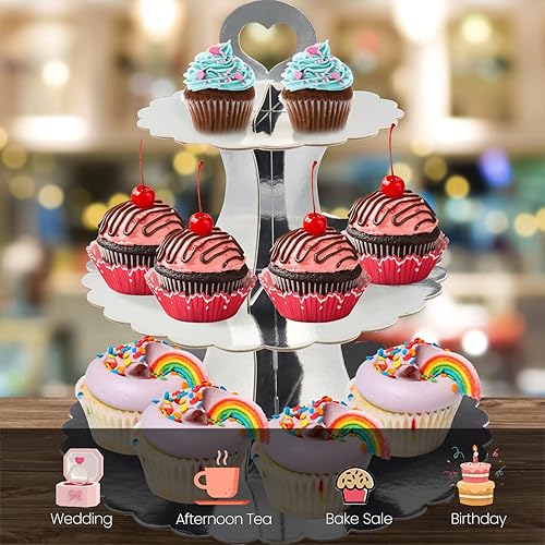 Miniatura 4 de Soporte de torre para cupcakes, 2 unidades, soporte plateado para cupcakes, soporte de 3 niveles para 24 cupcakes, soporte de cartón para tartas,