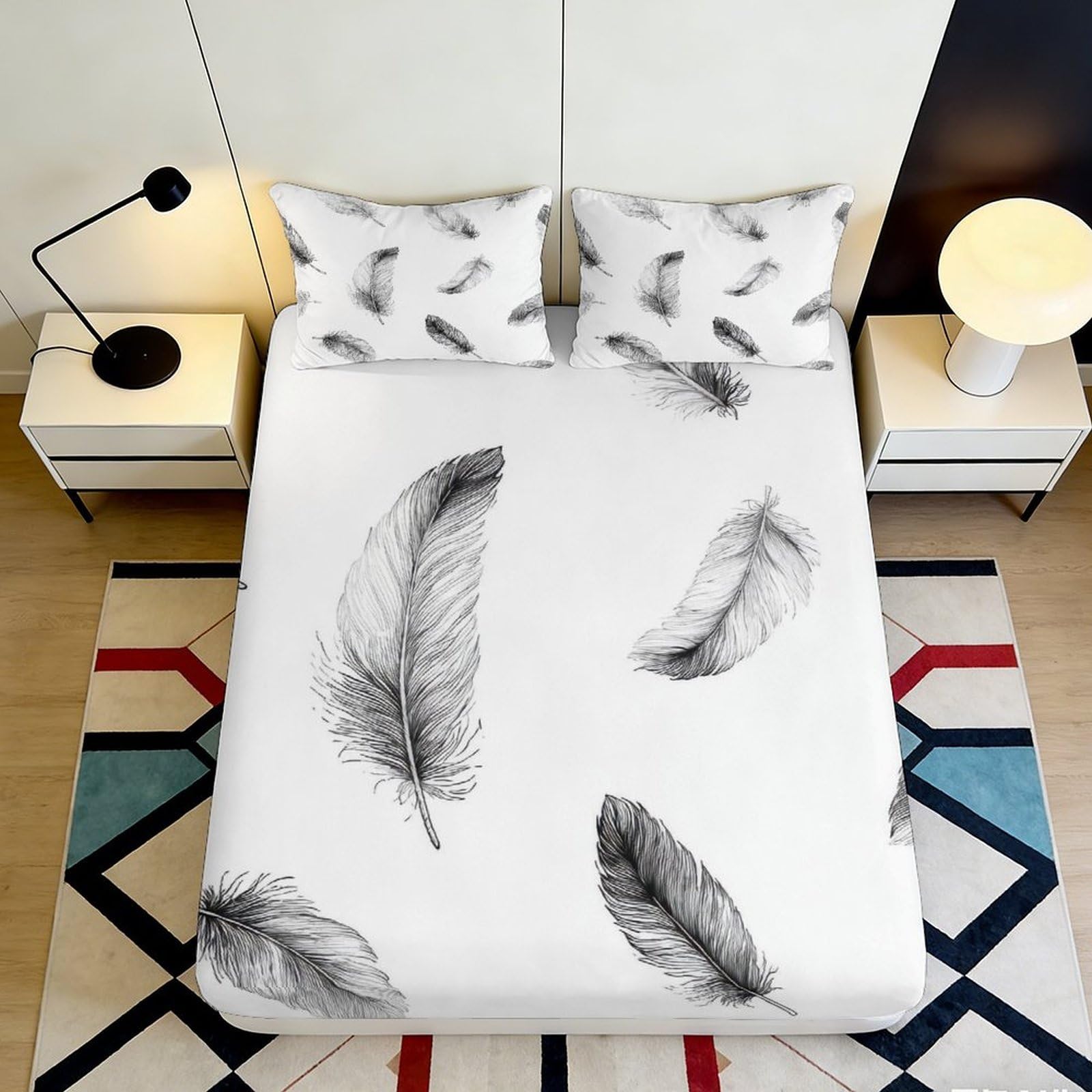 3D Printed Feather Fitted Sheet Microfiber Deep Pocket Elastic Hem Bedroom Bedding Feather Mattress Fitted Cover Washable Protection 120x200x25cm
