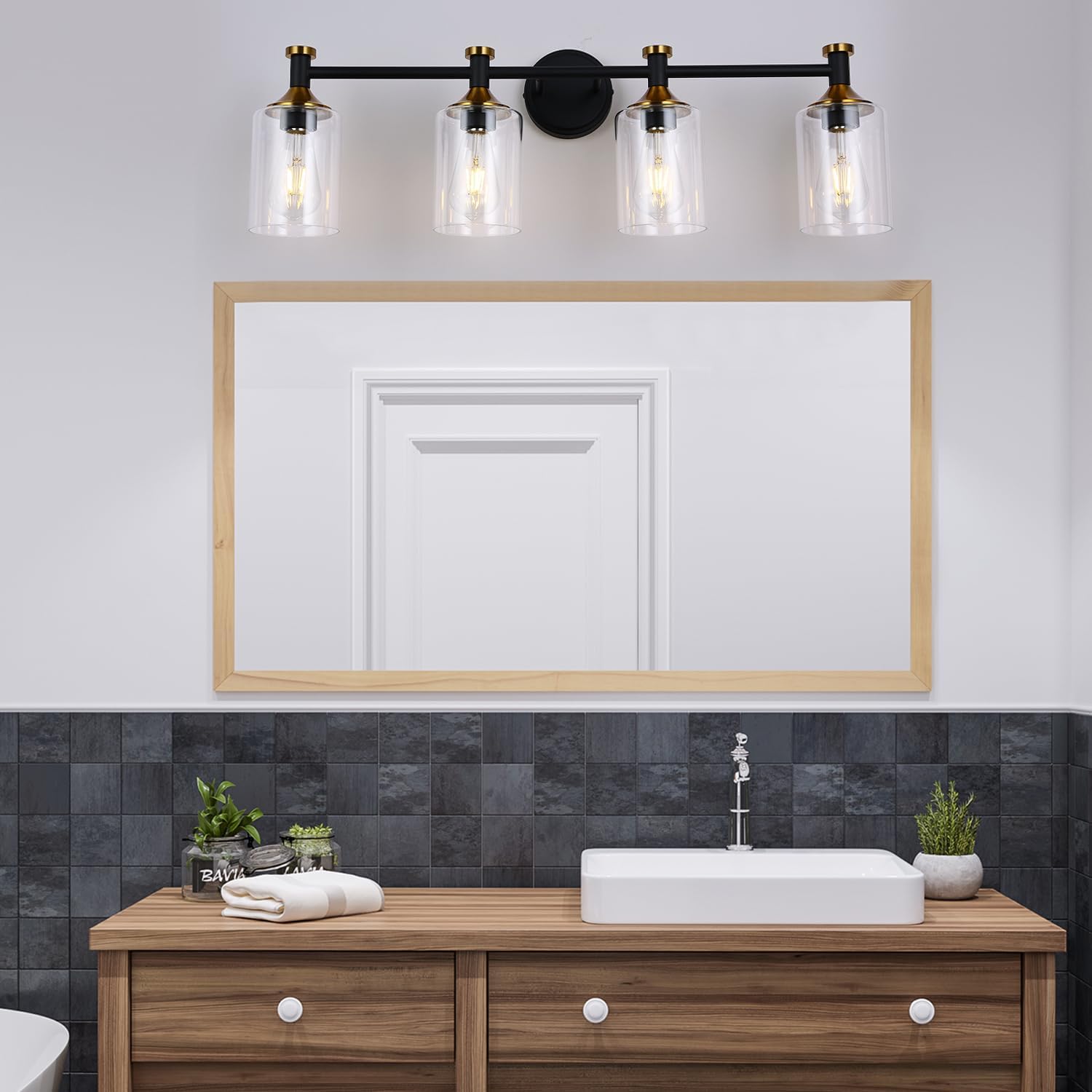 4-Light Bathroom Light Fixtures, Black Bath Wall Lights, Modern Bathroom Vanity Light with Clear Glass Shade, Bathrooms Lamp for Mirror Kitchen Bedroom Living Room Hallway Cabinet Porch