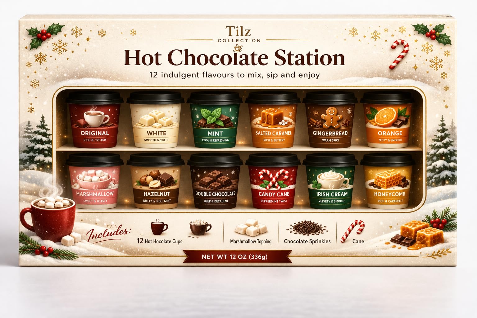 Coffret "Bar à Chocolat Chaud" – 12 Sachets Gourmet, Mini-Guimauves & Vermicelles Décoratifs – Le Kit Complet pour un Noël Féerique – Idée Cadeau Prestige pour Amateurs de Chocolat