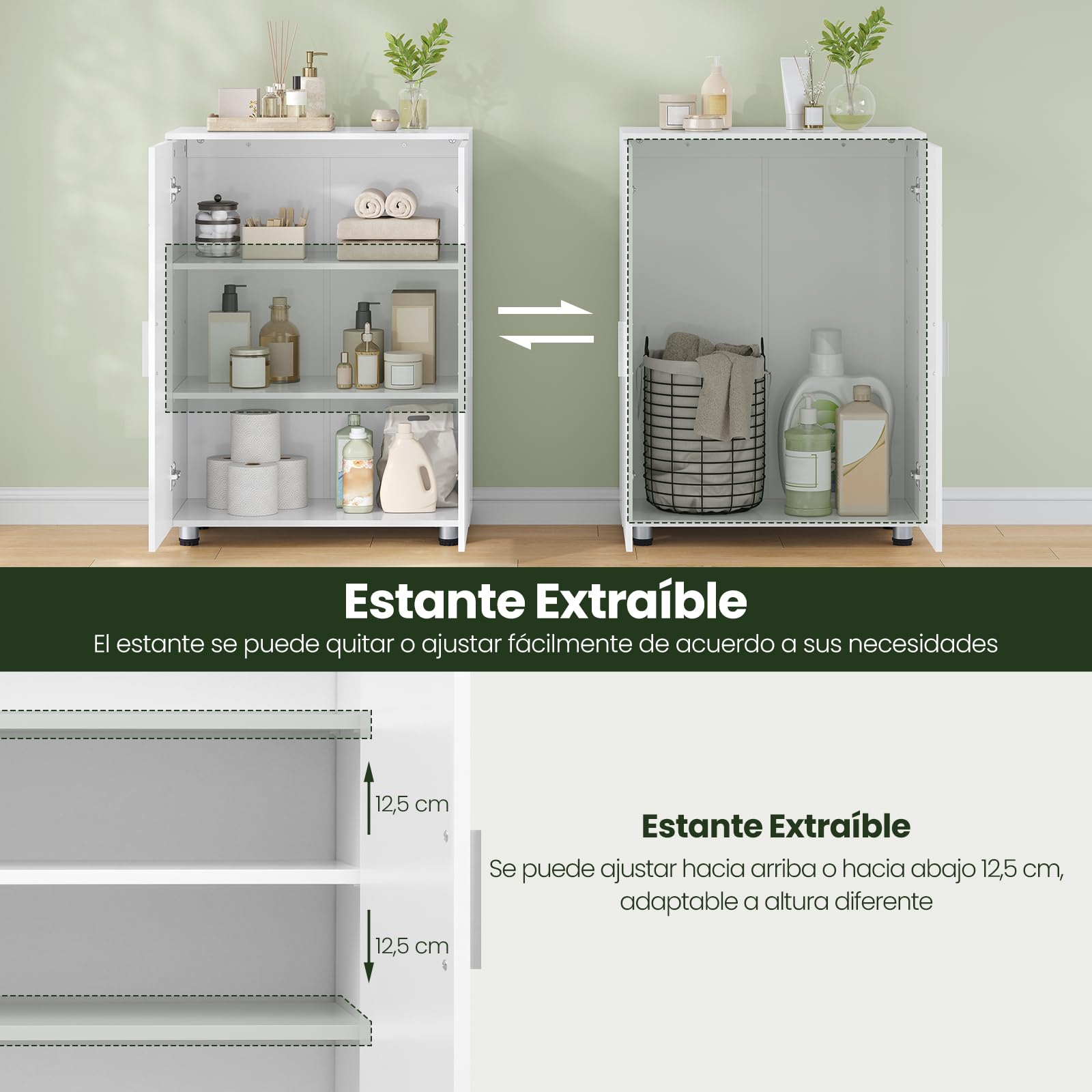 EUGAD Armario de Baño con 2 Puertas, Mueble Auxiliar con 2 Estantes, Armario Columna de Suelo para Cocina y Salón, Blanco, MDF, 60x30x82 cm