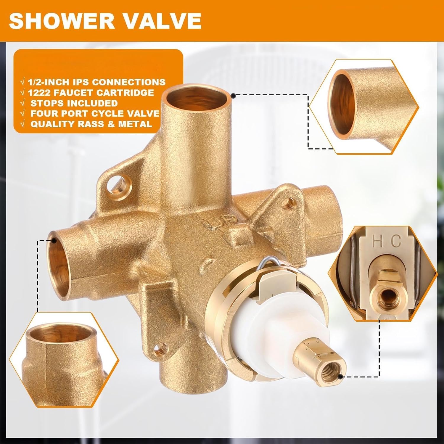 2590 Rough In Brass Compatible with Posi-Temp Pressure Balancing Tube Cycling Shower Valve with Stops, 1/2-Inch IPS Connections, Lead-Free, 1222 Faucet Cartridge