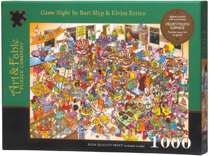 Art & Fable Puzzle Company Game Night by Bart Slyp & Elvira Errico 1000 Piece Fine Artwork Premium Adult Jigsaw Puzzle - Perfect for Game Nights, Gifting, and Family Fun