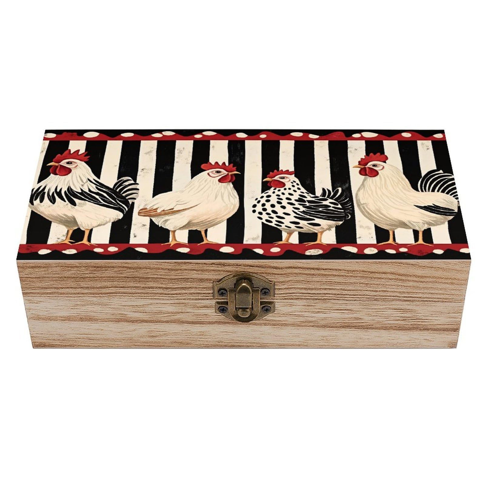 HLBSDM Chicken Farmhouse Stripe Vintage Wooden Keepsake Box with Hinged Lid And Locking Clasp, Decorative Storage Box for Jewelry, Trinkets And Small Accessories, Organizer for Home Or Wedding
