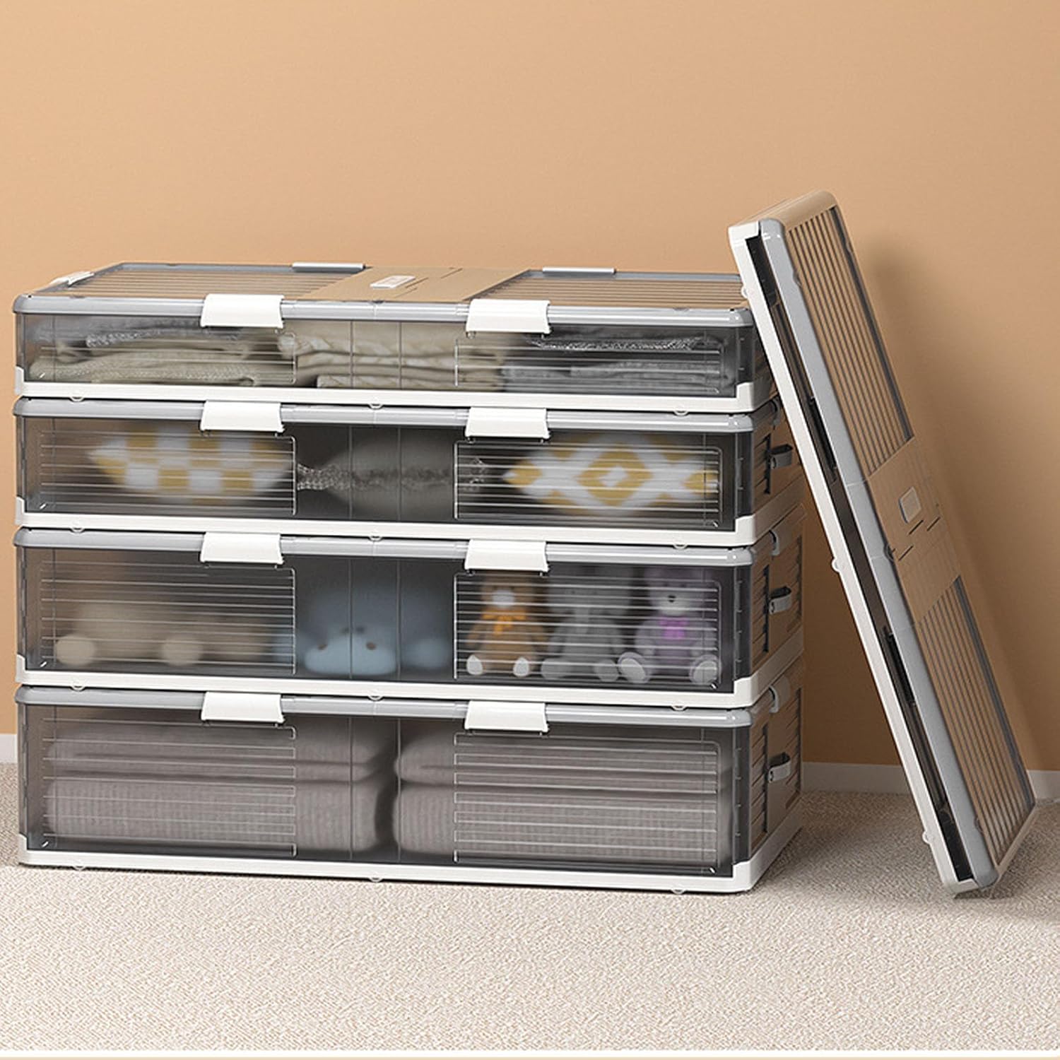 Under Bed Storage with Wheels, Containers Stackable Underbed Drawer Organizer Plastic Bins with Lids Foldable Versatile Underbed Storage for Bedding Cl