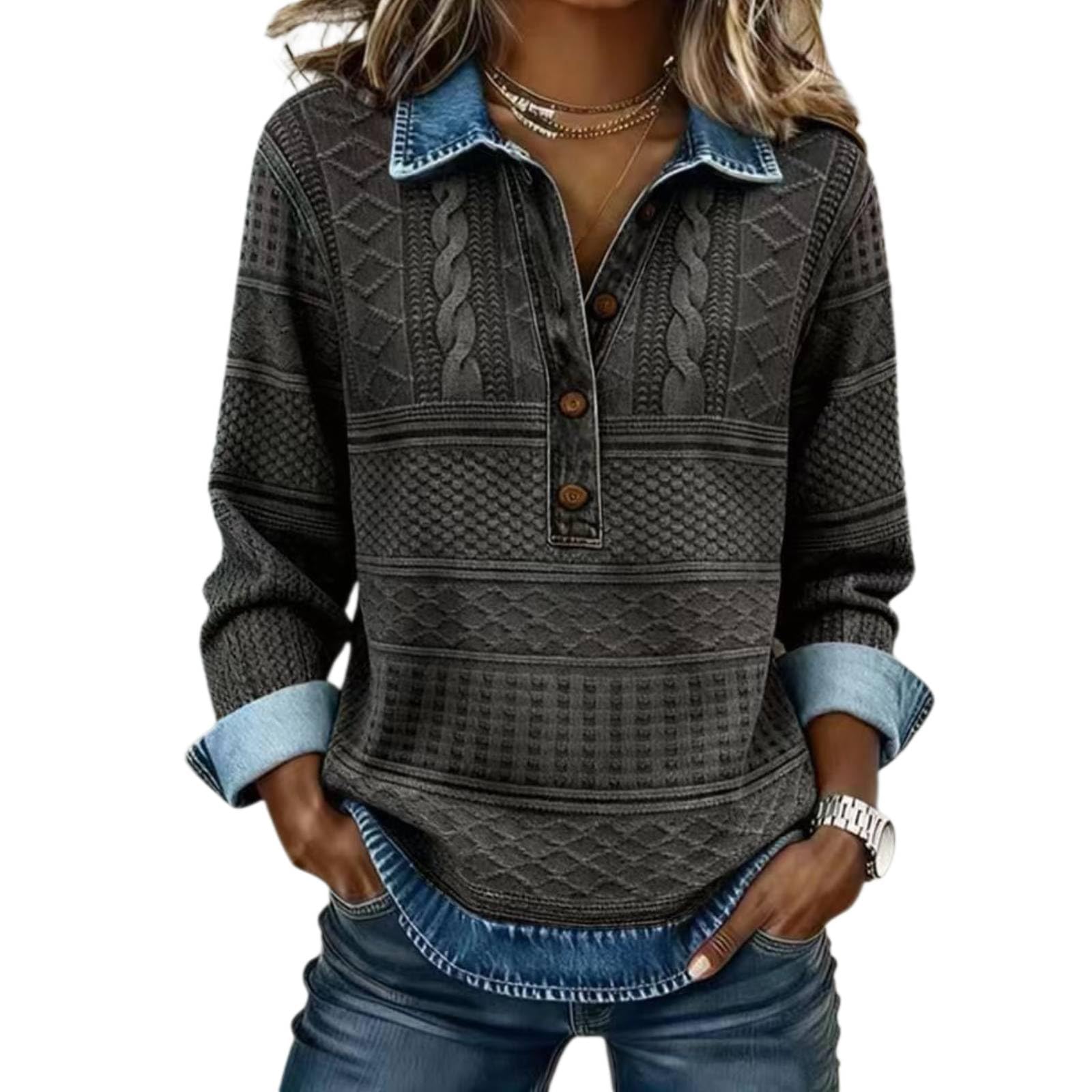 Womens Denim Sweater Button Up Collar Patchwork Pullover Top Vintage Waffle Knit Jean Casual Wear Blouse