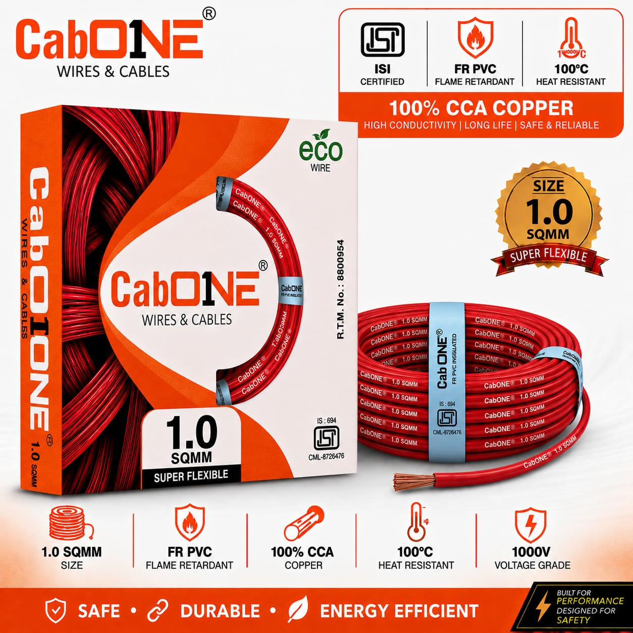 CabONE Lite 1.0 Sq mm Electrical Wire - 90m Blue Single Core CCA Copper Wire | Fire Retardant PVC Insulation for Domestic Wiring Red — Amazon image 2
