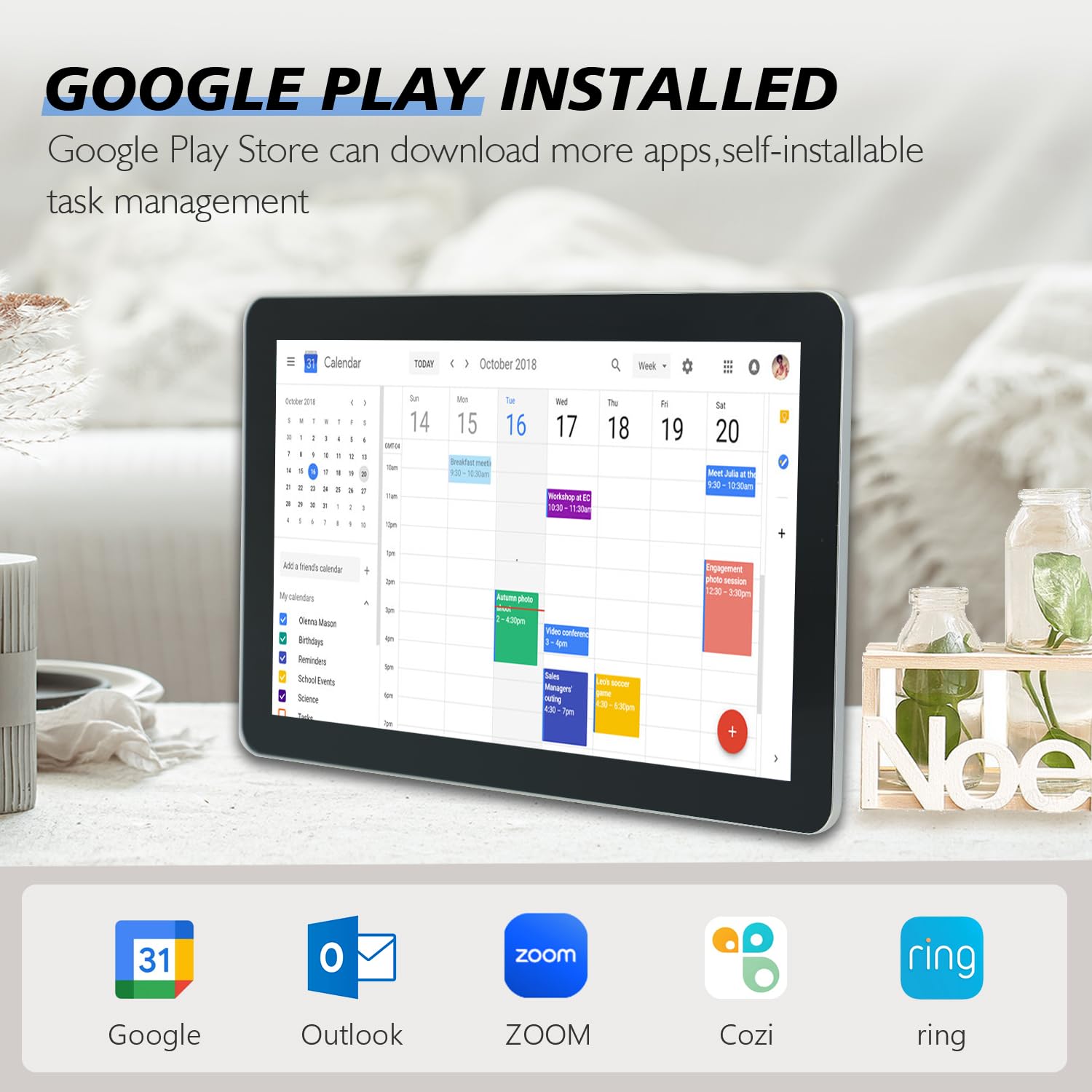 Calendario digital de pantalla táctil de 15.6 pulgadas y planificadores de pared, calendario inteligente de pizarra blanca para tabla de tareas y horario de trabajo, altavoces y cámara