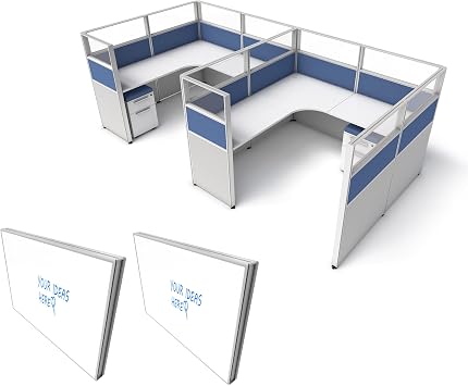 SUNLINE Office Cubicle - Modular Office Cubicle System with 7 Layout Options, Adjustable Panels, Wall Partitions, Drawers and 2 Magnetic Whiteboards, Customizable U and L Shaped Desk - Blue