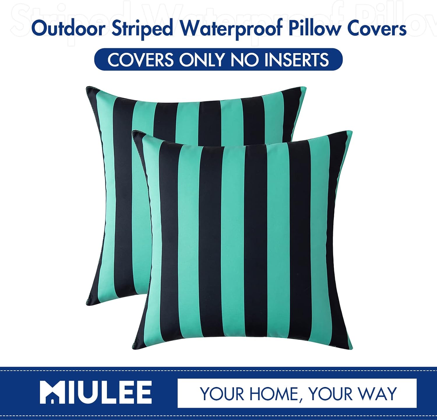 MIULEE Pack of 2 Striped Pillow Covers Decorative Waterproof Throw Pillow Cases Mordern Outdoor Cushion Cases for Patio Spring Summer Couch Bench Garden 18x18 Inch Teal