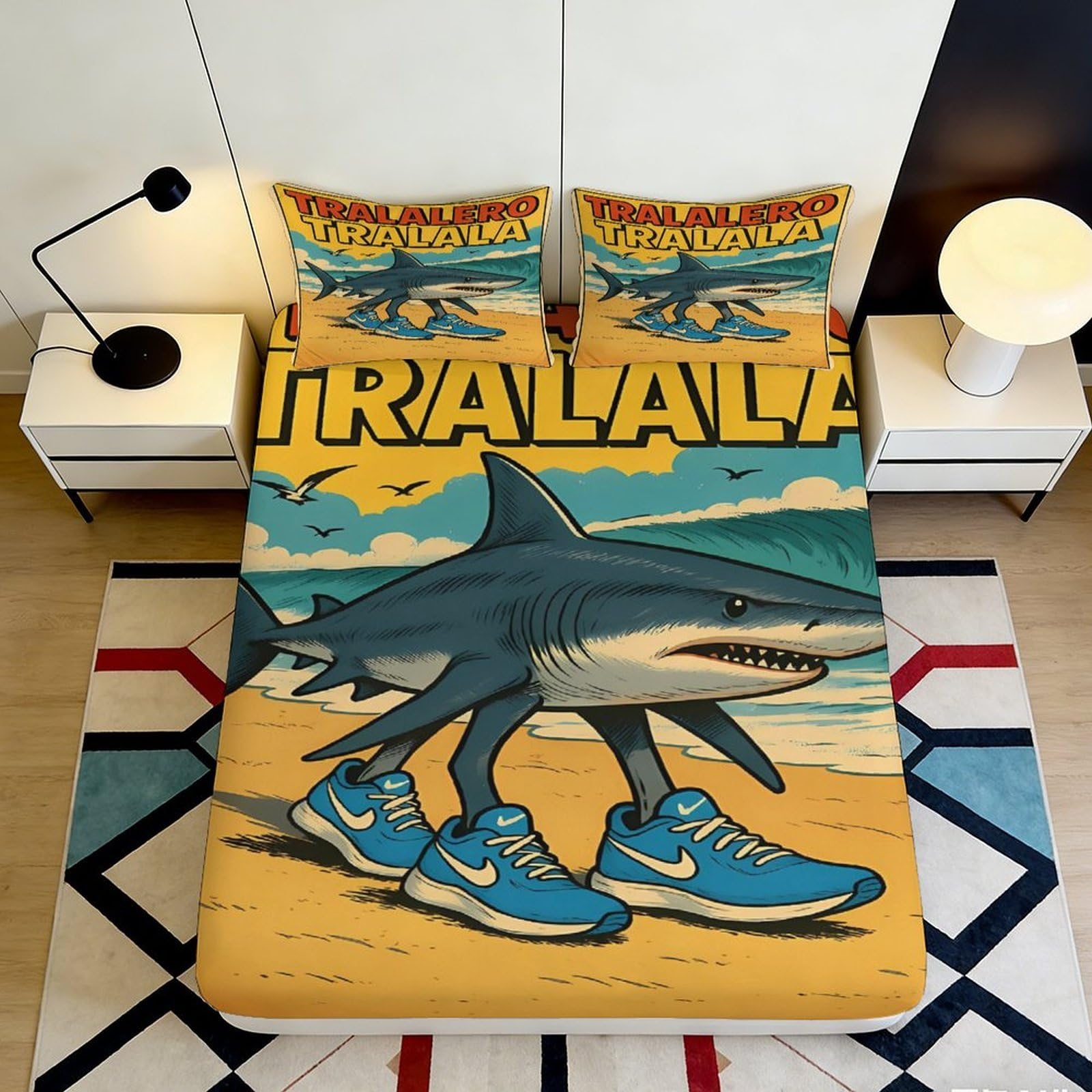 3D Printed Shark Pattern Fitted Sheet Microfiber Soft Durable Cartoon Sneakers Bed Cover for Bedroom Dormitory Guest Room Mattress Protection 120x200x25cm