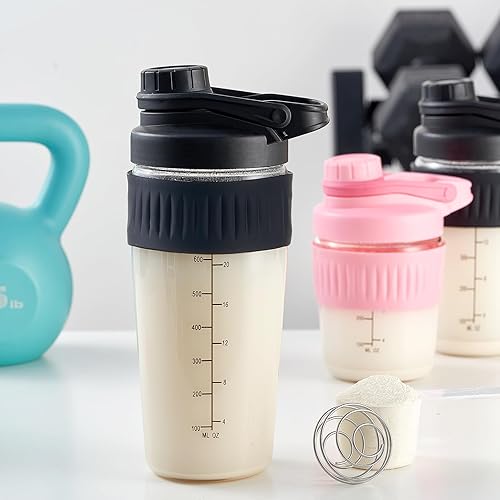 Miniatura 7 de Botella agitadora de vidrio de 24 onzas, polvo de proteína de vidrio de borosilicato, mezcla para mezclas de proteínas con bola mezcladora (A-NEGRO,