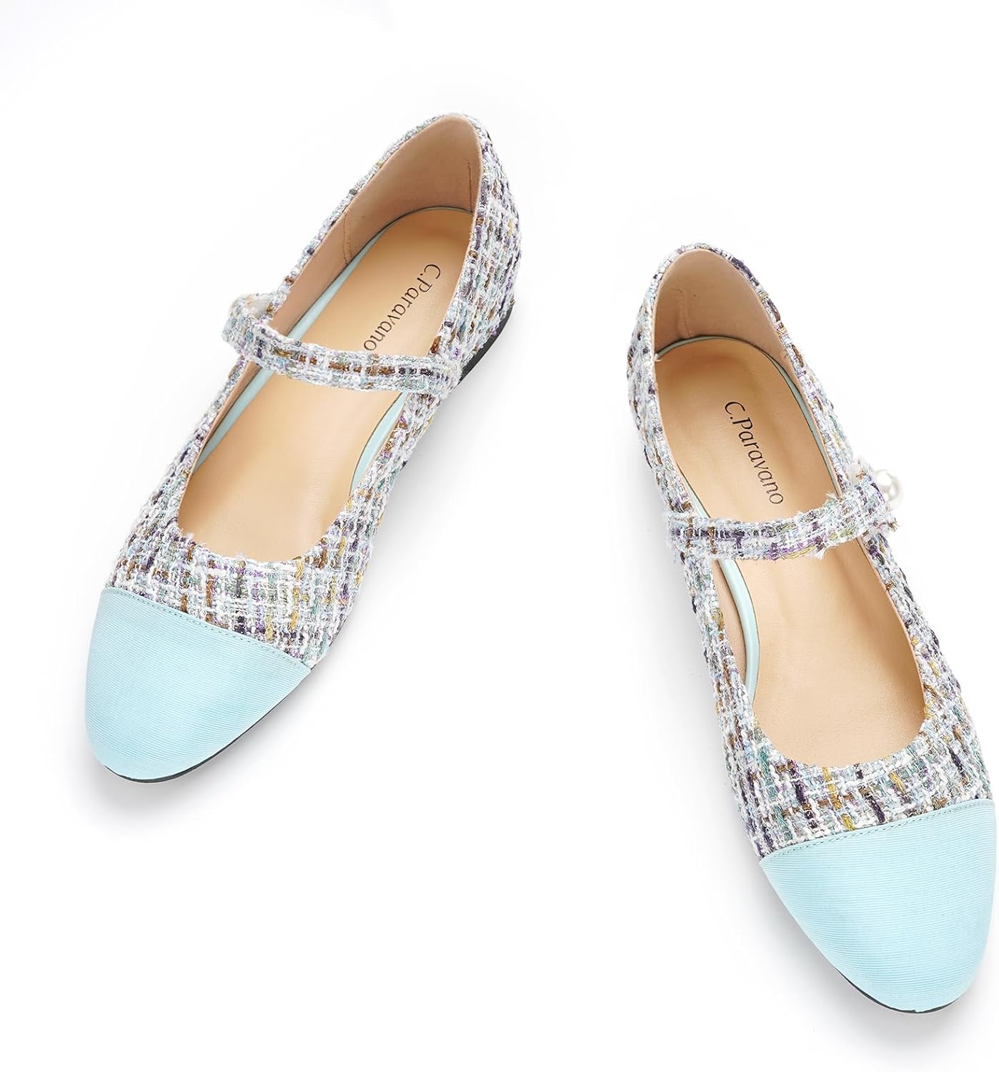 C.Paravano Women's Flats Shoes Round Toe Ballet Flats with Strap Comfortable Mary Janes Tweed Flats Dressy Casual Work Office Party Shoes for Women 7 Blue