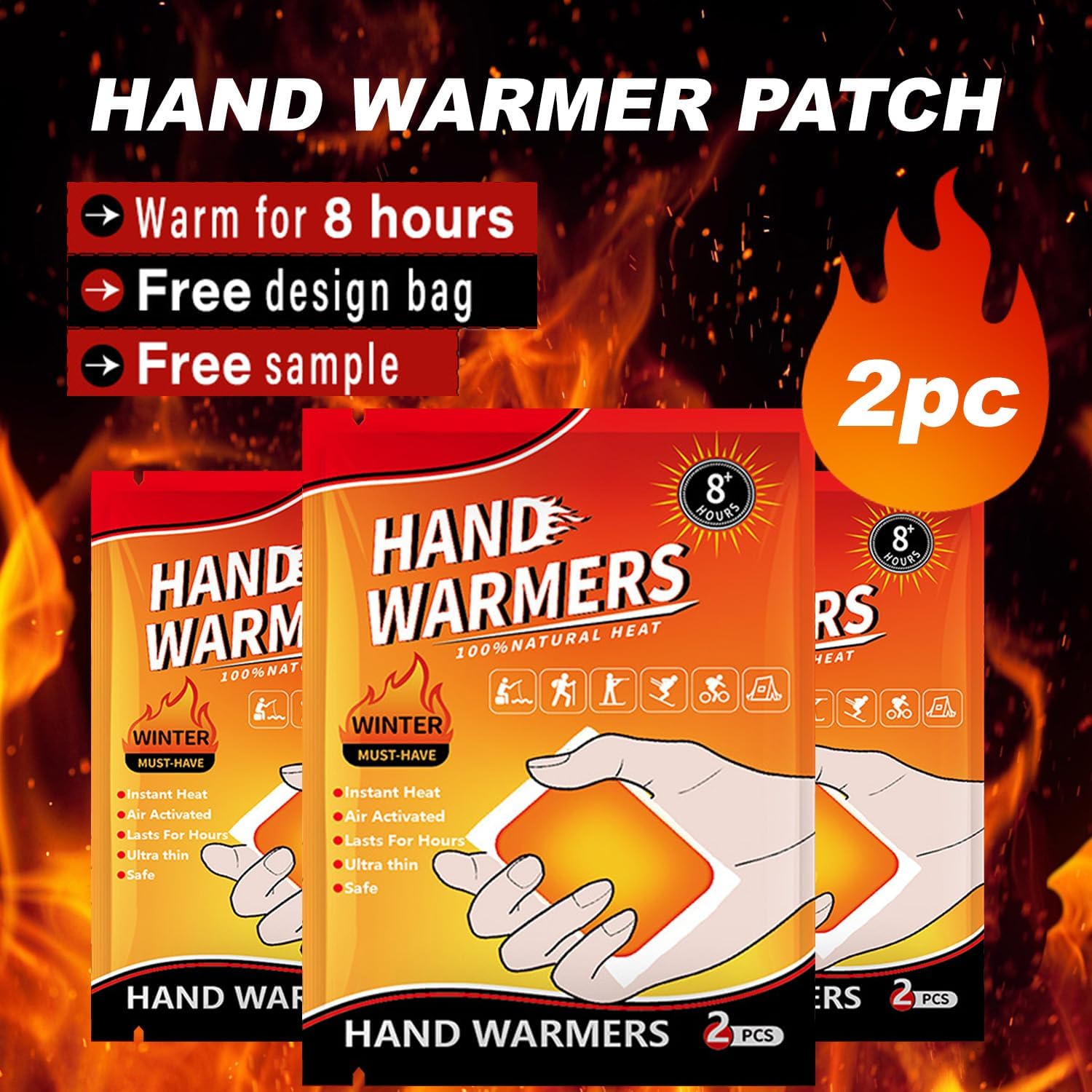 Calentadores de Manos, Hand Warmer Calentador de Manos, Calienta Bolsillo, Activado por Aire, 8 Horas Calor, para Senderismo, Esquí, Actividades al Aire Libre, 10pc