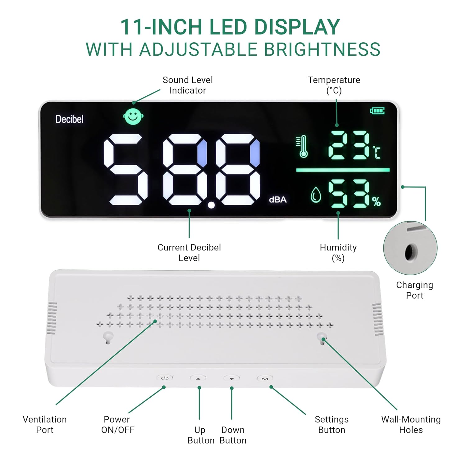 Decibel Meter Wall Hanging, 11in Large LED Screen Sound Level Meter, Temperature Humidity Meter with Alarm Icons Indicator for Classroom, Home, Studio, Factory