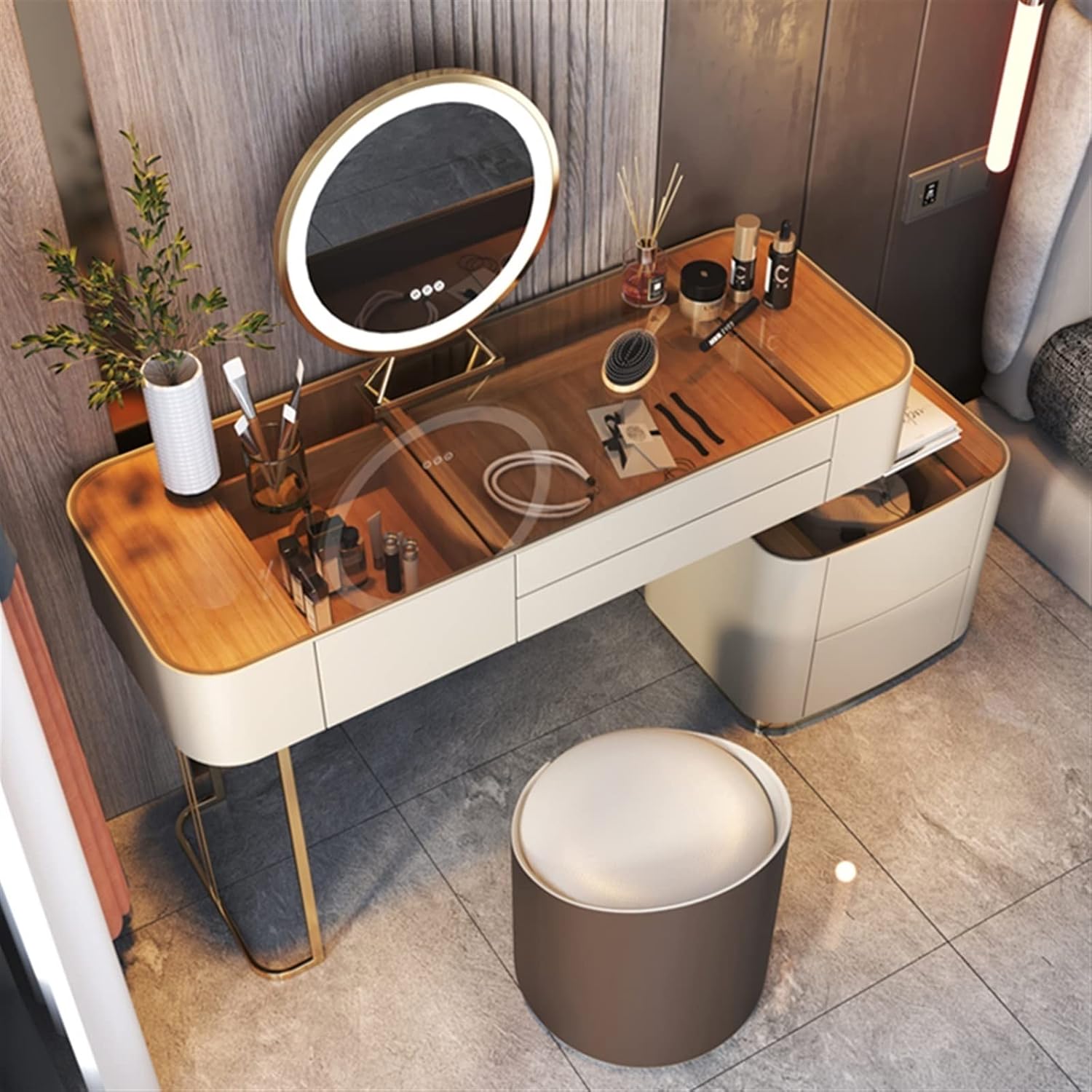 Vanity Dressing Table Set Luxury Makeup Bench with 3 Colors Led Hd Mirror,Comfortable Stool Drawers Cabinet,Modern Simple Style,for Girl's Gift (Size : 100CM) ()