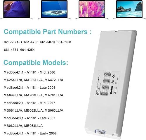 Miniatura 4 de Batería A1181 mejorada compatible con Apple MacBook A1185 de 13 pulgadas (medio/finales de 2006, medio/finales de 2007, principios/finales de 2008,