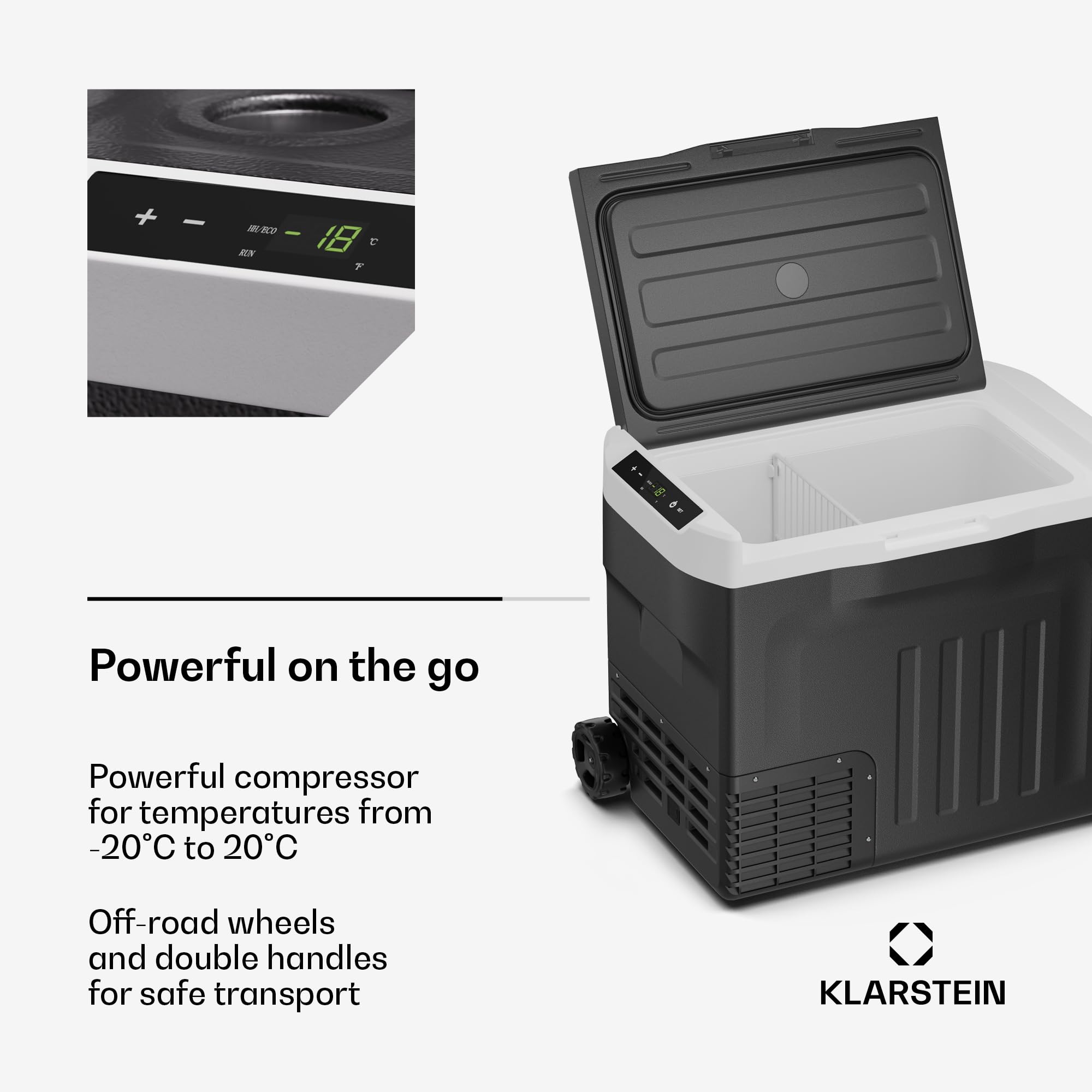 Klarstein PolarForce 40-Liter- Kühlbox – Elektrische Kompressor-Kühlbox mit LCD-Bedienfeld, -20°C bis 20°C, Dual Power (12V/230V), ECO-Modus, Ideal für Camping und Road-Trips, Gefrierbox