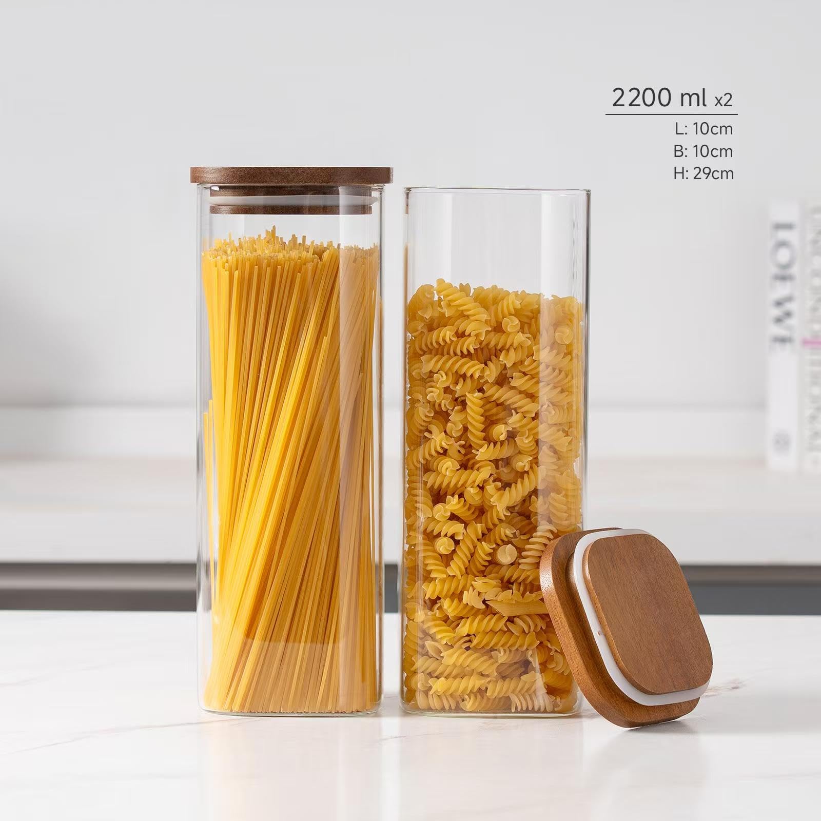 QuaLife Set di 2 barattoli di conservazione (2200 ml) con coperchio in legno - Contenitori ermetici in vetro borosilicato - Barattoli impilabili in vetro - Contenitore quadrato per spaghetti, cereali