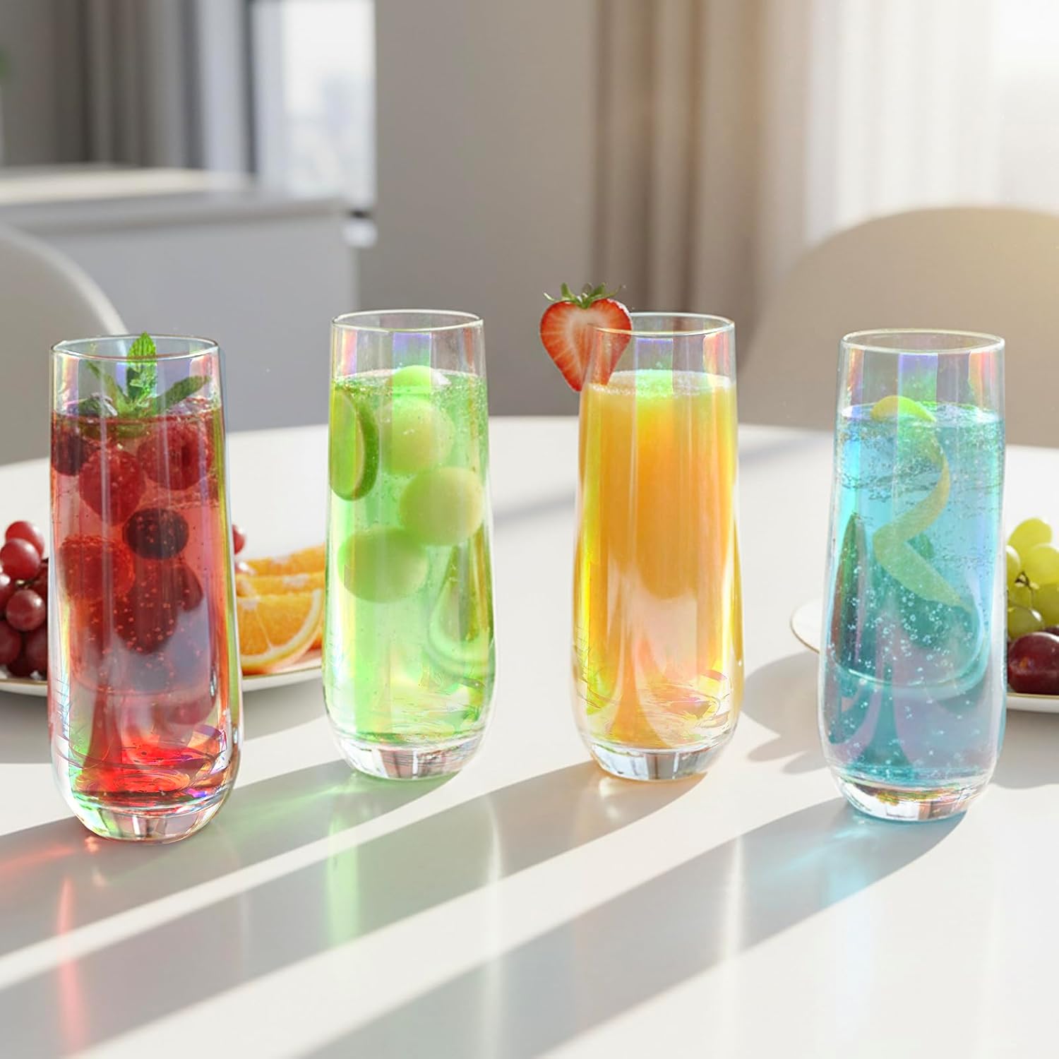 MyGift 9 oz Modern Champagne Flute Set of 4, Iridescent Sparkling Wine Stemless, Rainbow Transparent Prosecco Wine, Cocktail Mimosa Set, Holiday New Year Toasting - Image 2