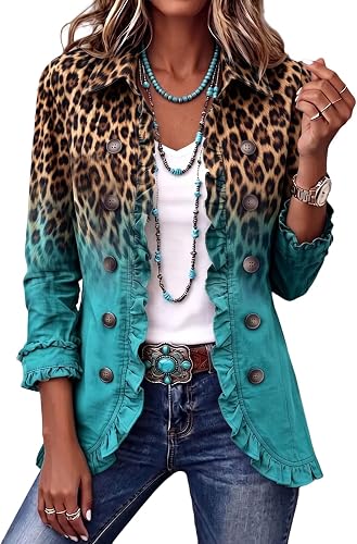 Shiketong Western Shirts for Women Ruffle Collared Leopard Print Jacket