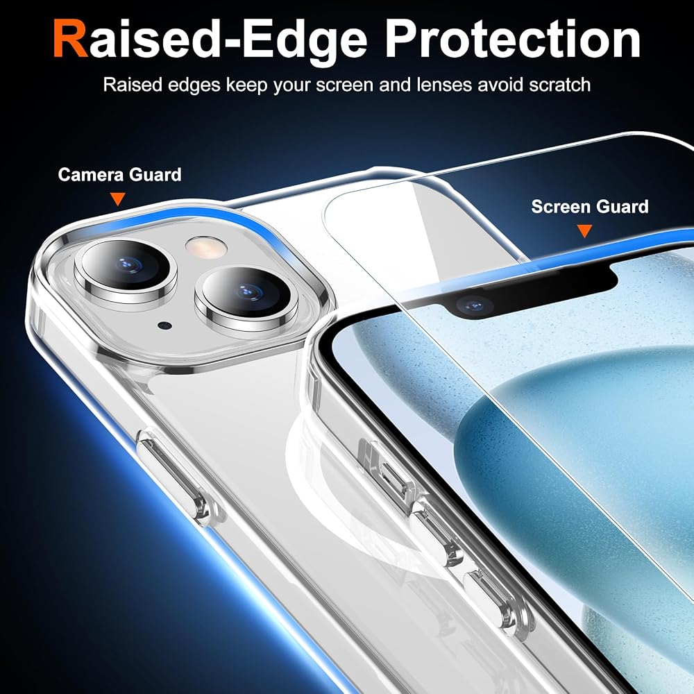 for iPhone 15 Plus Case & iPhone 14 Plus Case Clear with Screen Protector, Compatible with Magsafe, Military-Grade Protection, Shockproof Slim Magnetic Phone Case Cover, Transparent