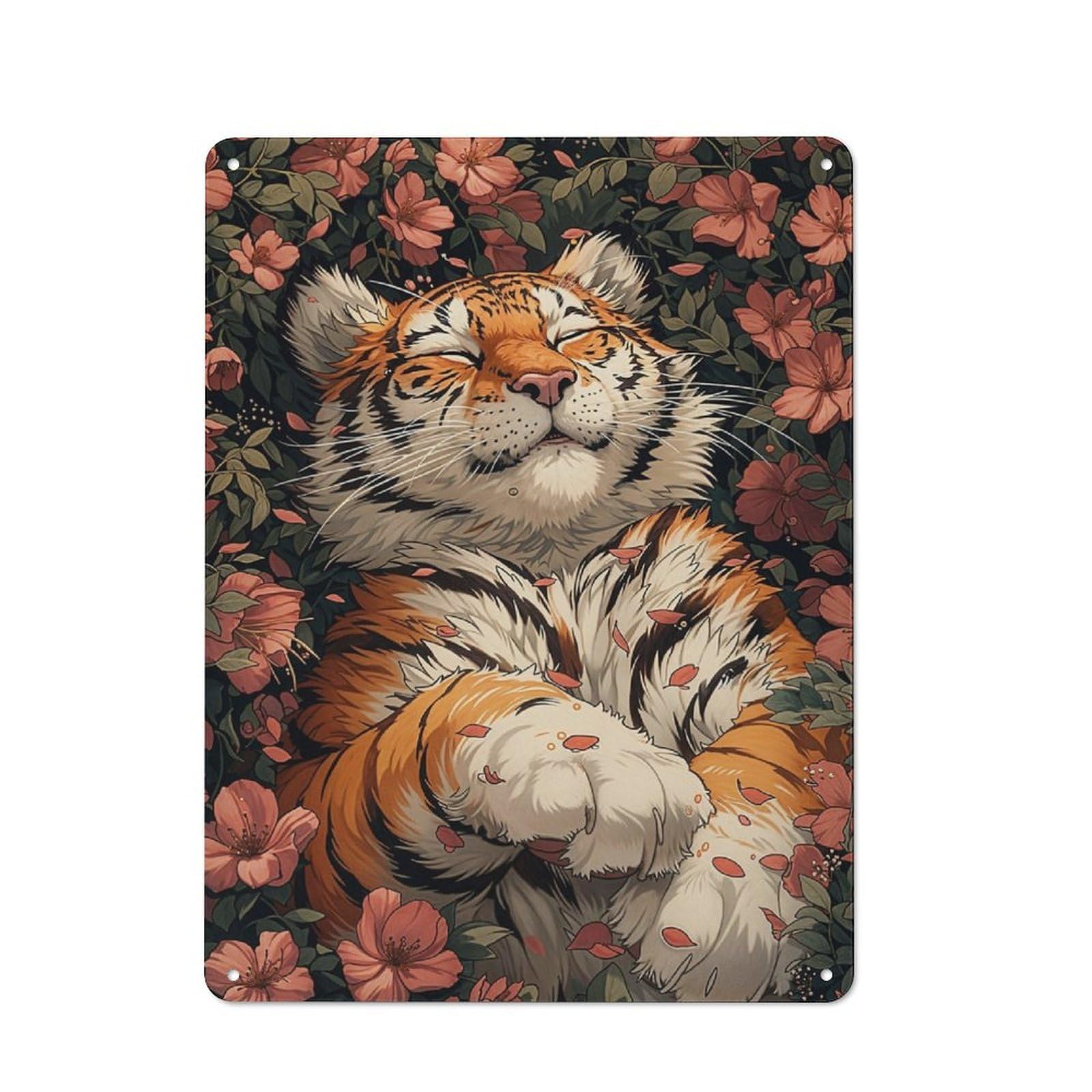 Junmoney Cute Tiger Sleeping Sakura Retro Tin Wall Plaque 40X30cm For Man Cave Or Games Room, For Games Room Collectors
