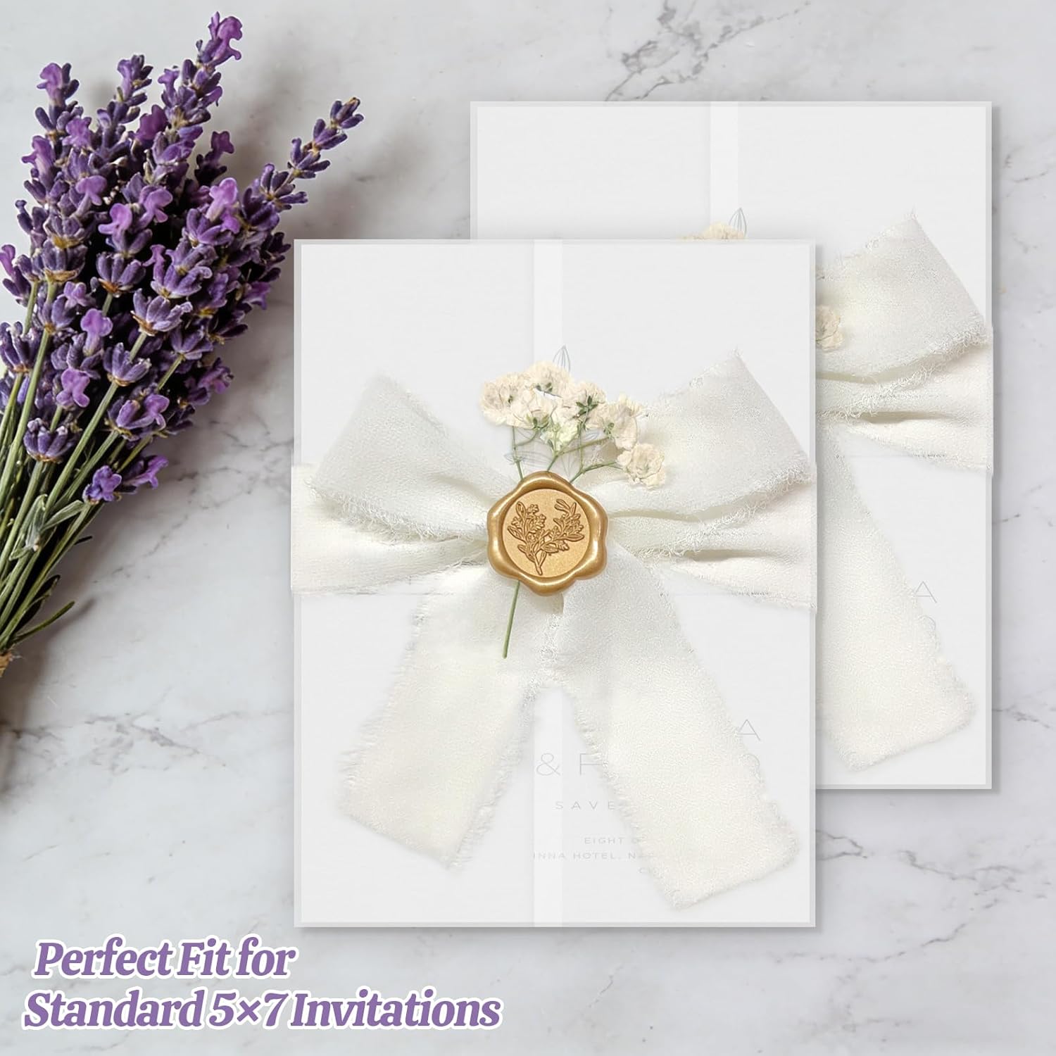 70 Sets Wedding Invitation Kit, Pre-Folded Vellum Jackets for 5x7 Invitations Accessories Wax Seal Stickers Ribbon & Dried Flowers for DIY Wedding Invites
