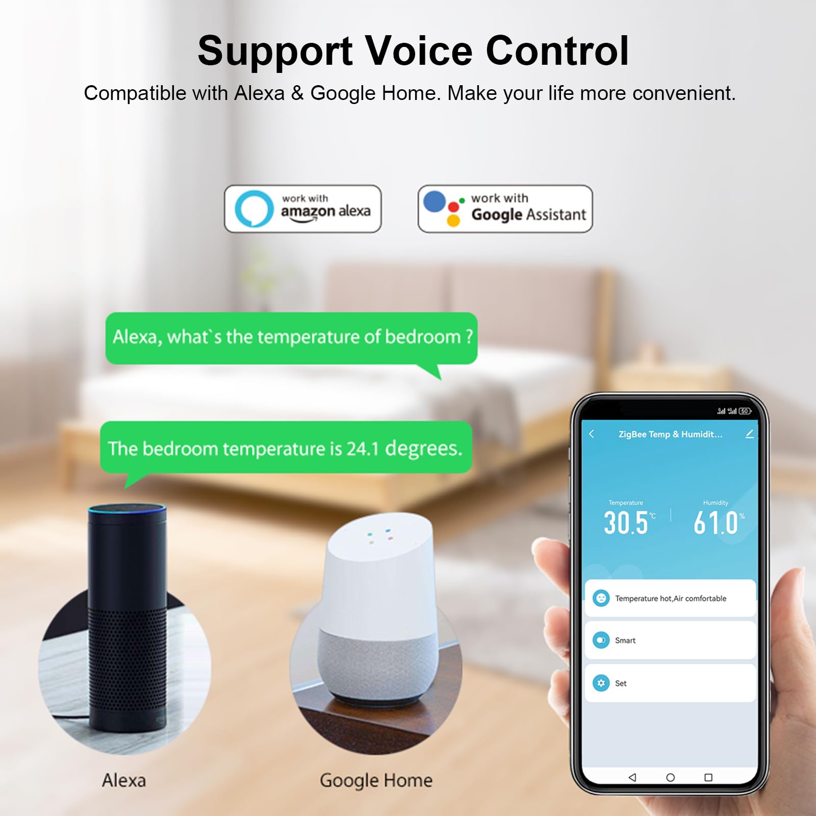 Igrometro intelligente termometro: monitor di umidità della temperatura Zigbee con avvisi app, doppia alimentazione, esportazione di memoria dati, hub, supporto homekit, Alexa (confezione da 4)