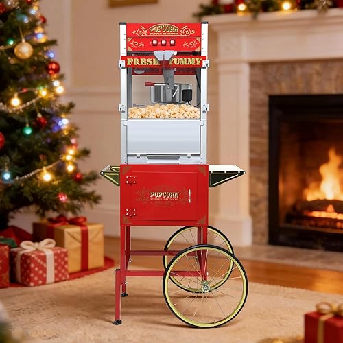 Miniatura 14 de Máquina de palomitas de maíz de 10 onzas con carrito, ruedas y hervidor de acero inoxidable, 110 V/480 W, estilo vintage, máquina para hacer Rojo